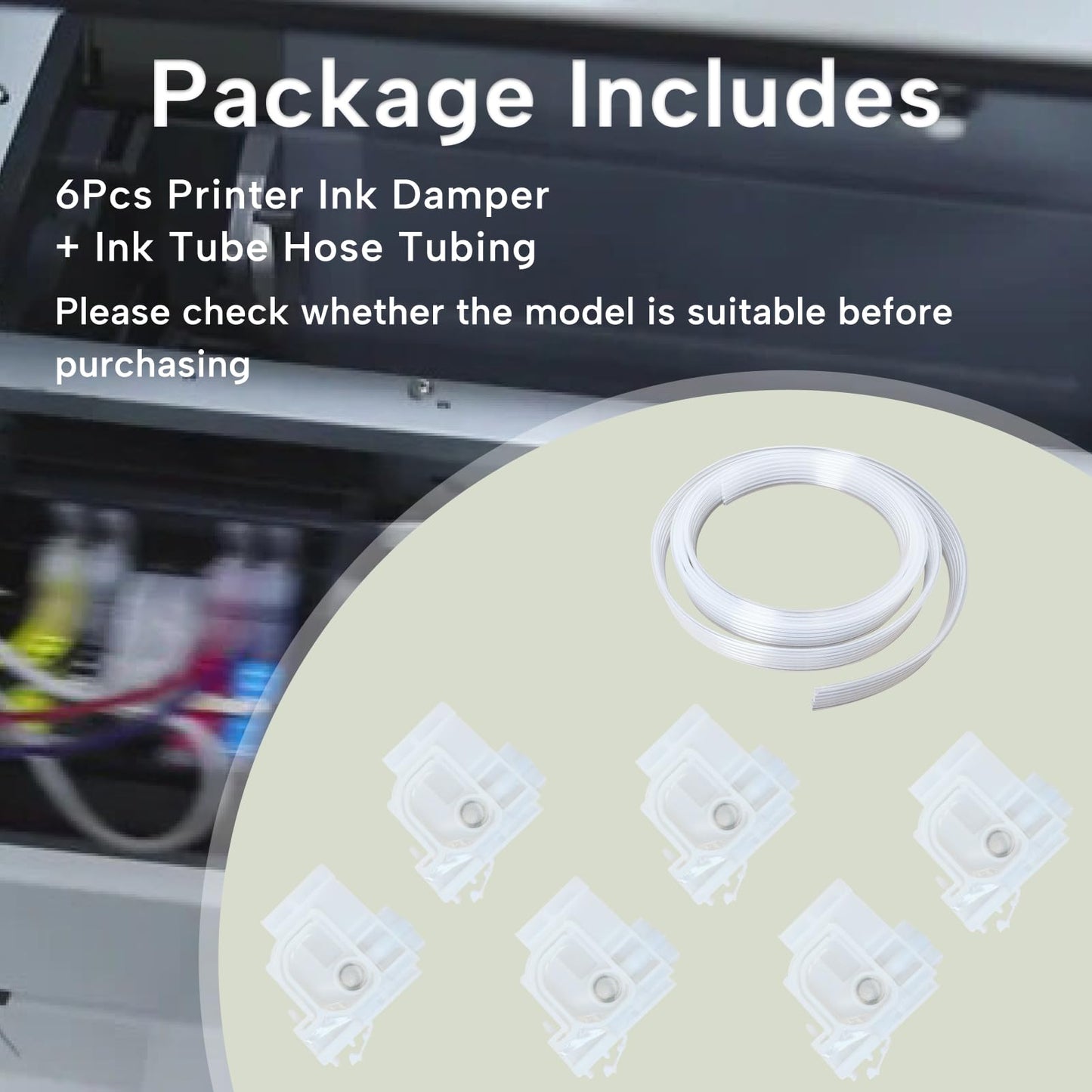 Qiqimingxin 6Pcs Printer Ink Damper with Ink Tube Hose Fits for E-pson Printers L800 L1300 L1455 L801 L1800 L810 L850 L101 L201 Cartridge Parts White PP Material