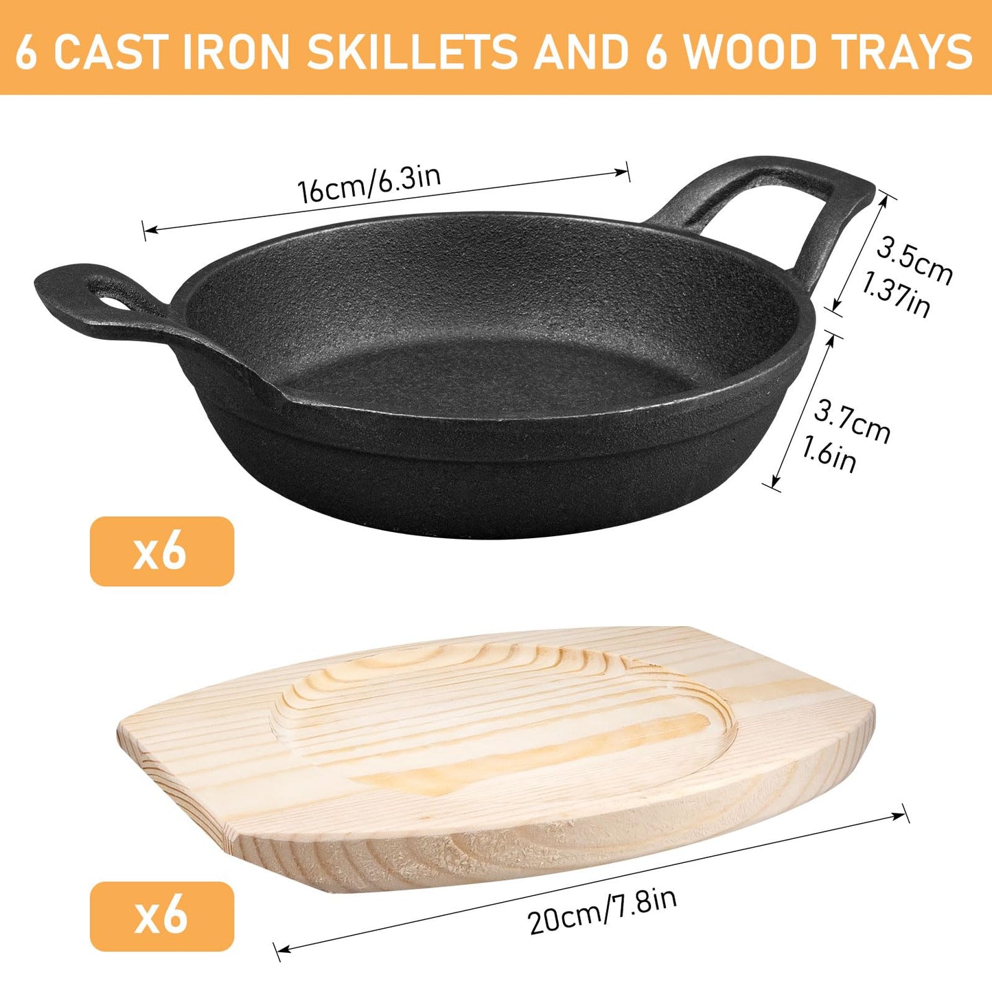 6 Sets Mini Cast Iron Skillet with Wooden Base Small Round Fajita Plate Iron Pan Pot for Cooking Party (6.3 Inches)