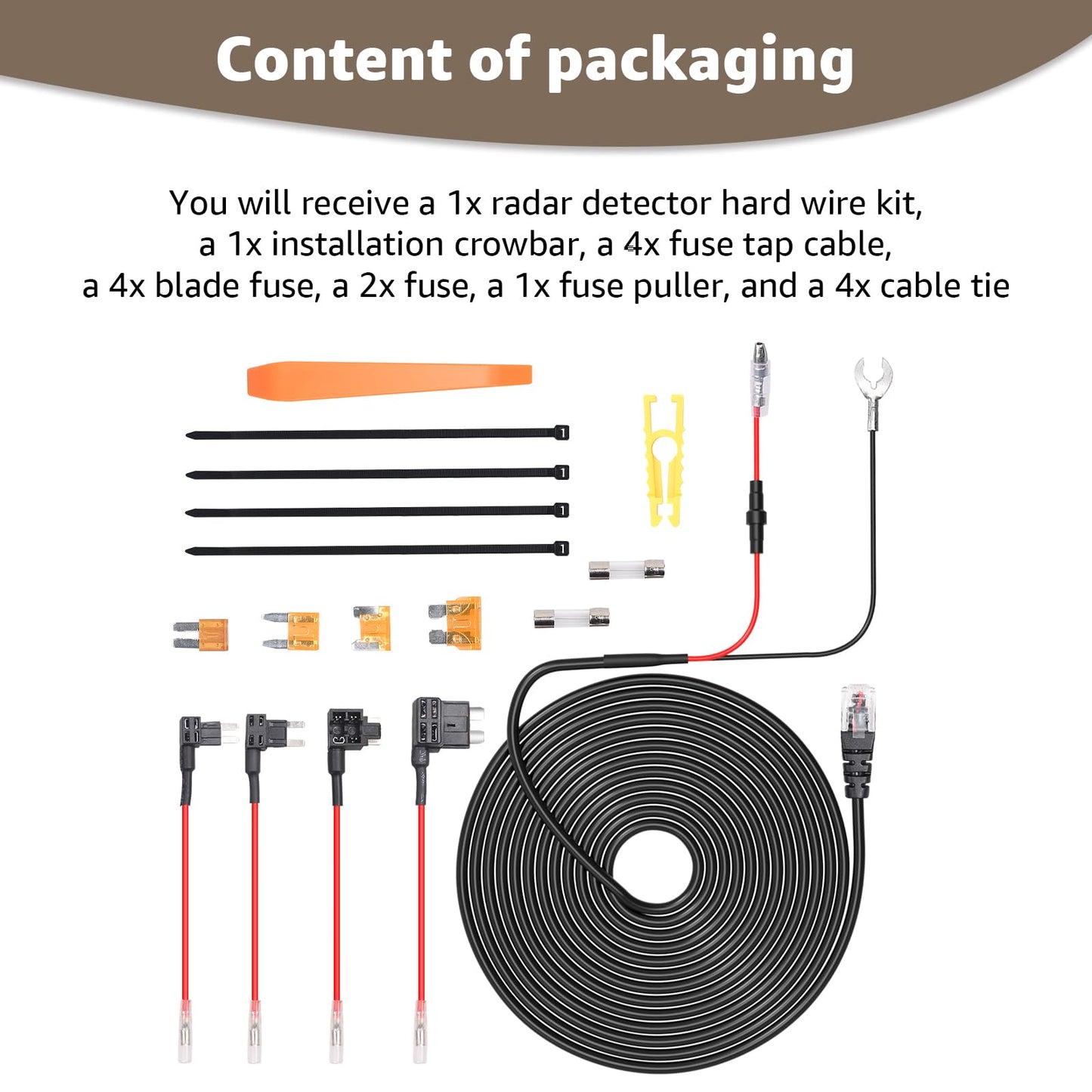 Universal RJ11 Radar Detector Hardwire Kit Compatible with Uniden R3, R7, R8, Escort, Valentine One, Cobra Direct Wire Power Cord with Multiple Fuse Taps