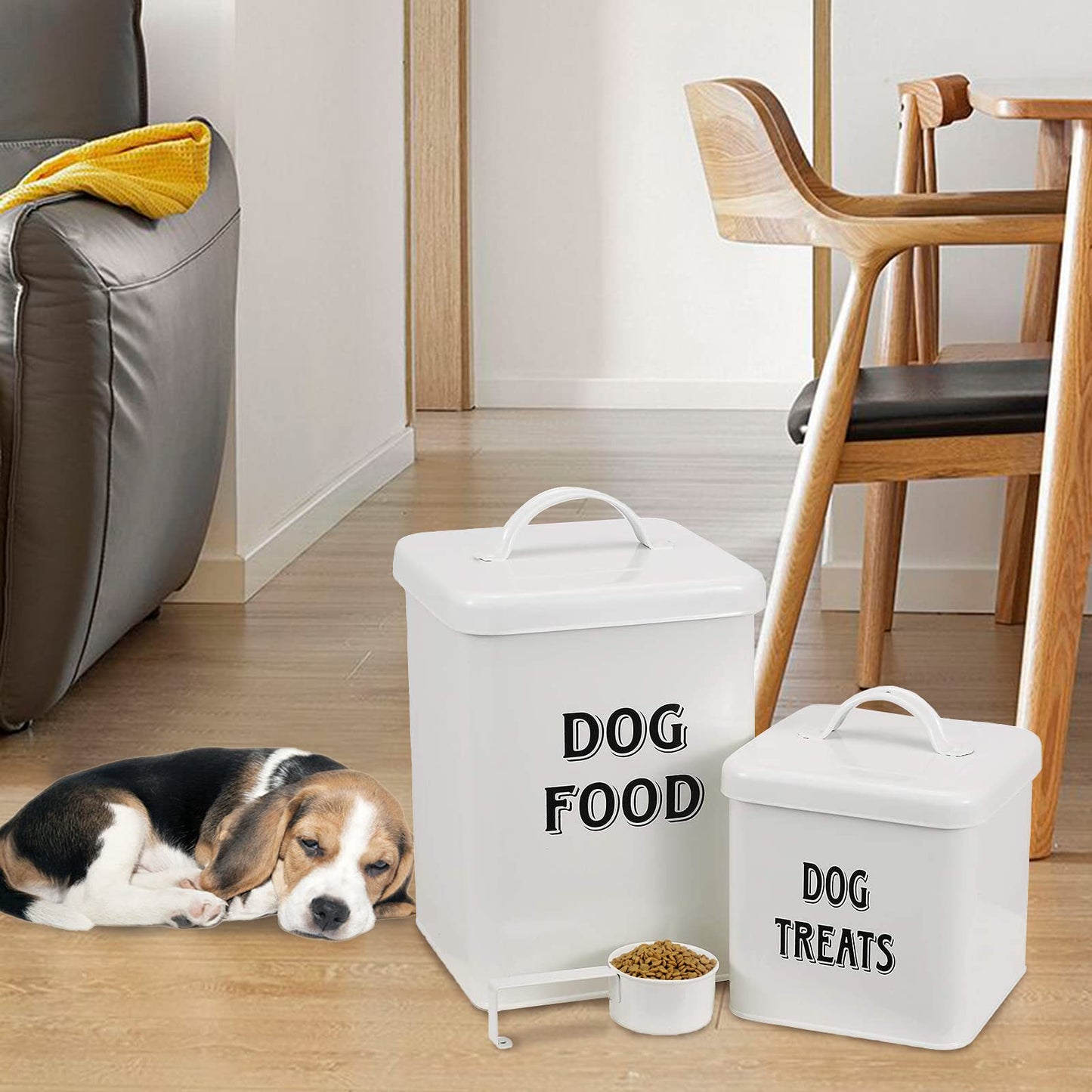 Dog Food and Treats Containers Set with Scoop for Dogs-Vintage White Powder-Coated Carbon Steel-Tight Fitting Lids-Storage Canister Tins-White