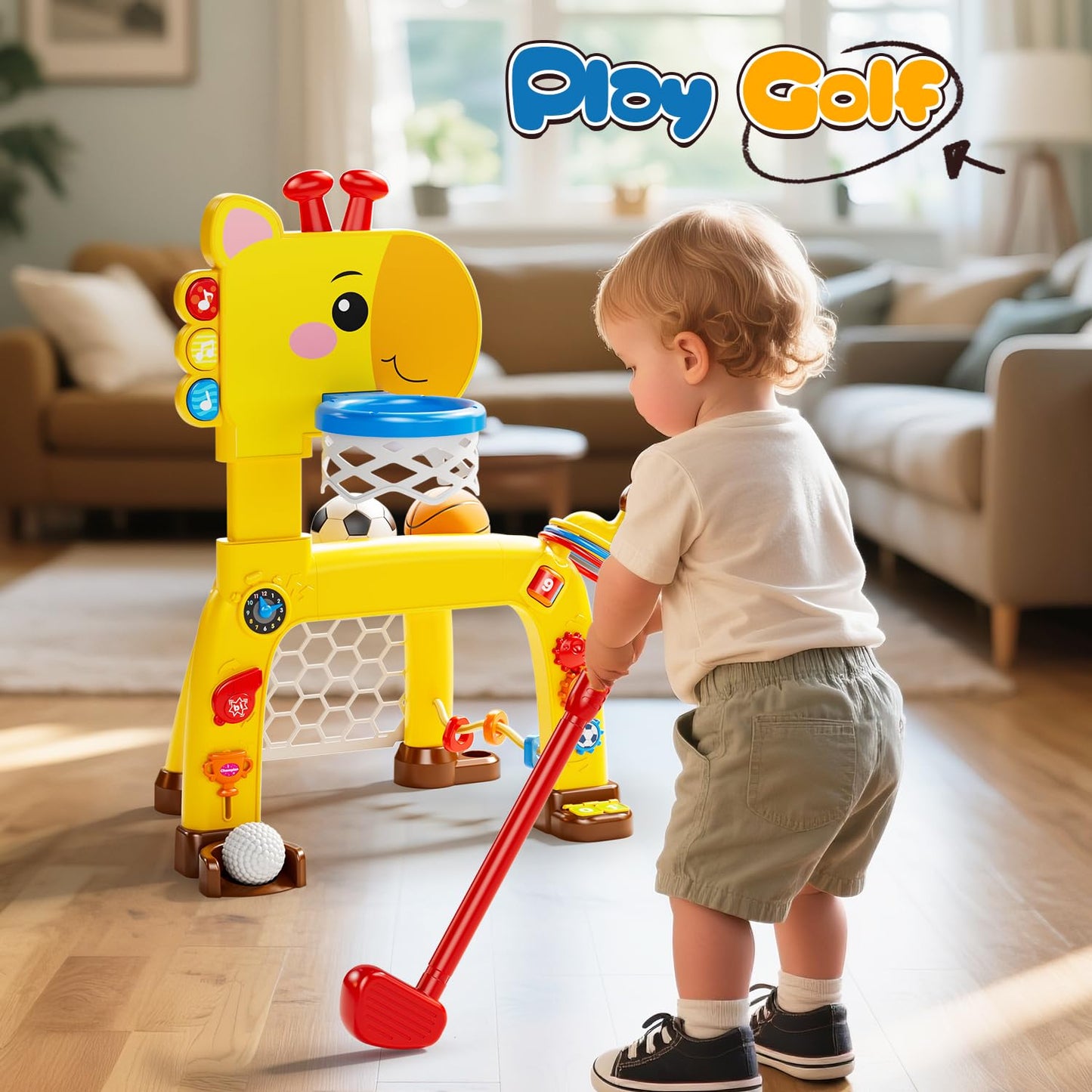 4-in-1 Toddler Basketball Hoop, Soccer Goal, Golf Toy & Ring Toss Game with Lights and Music, Kids Sports Activity Center Gifts for Boys and Girls Ages 1-3