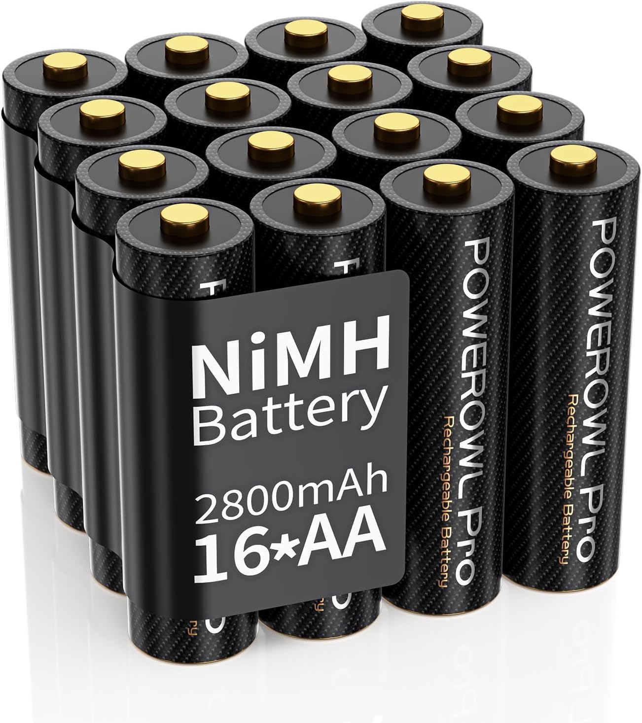 Golden-top Rechargeable Batteries AA, POWEROWL 16 Count NiMH Double A Battery High Capacity 2800mAh