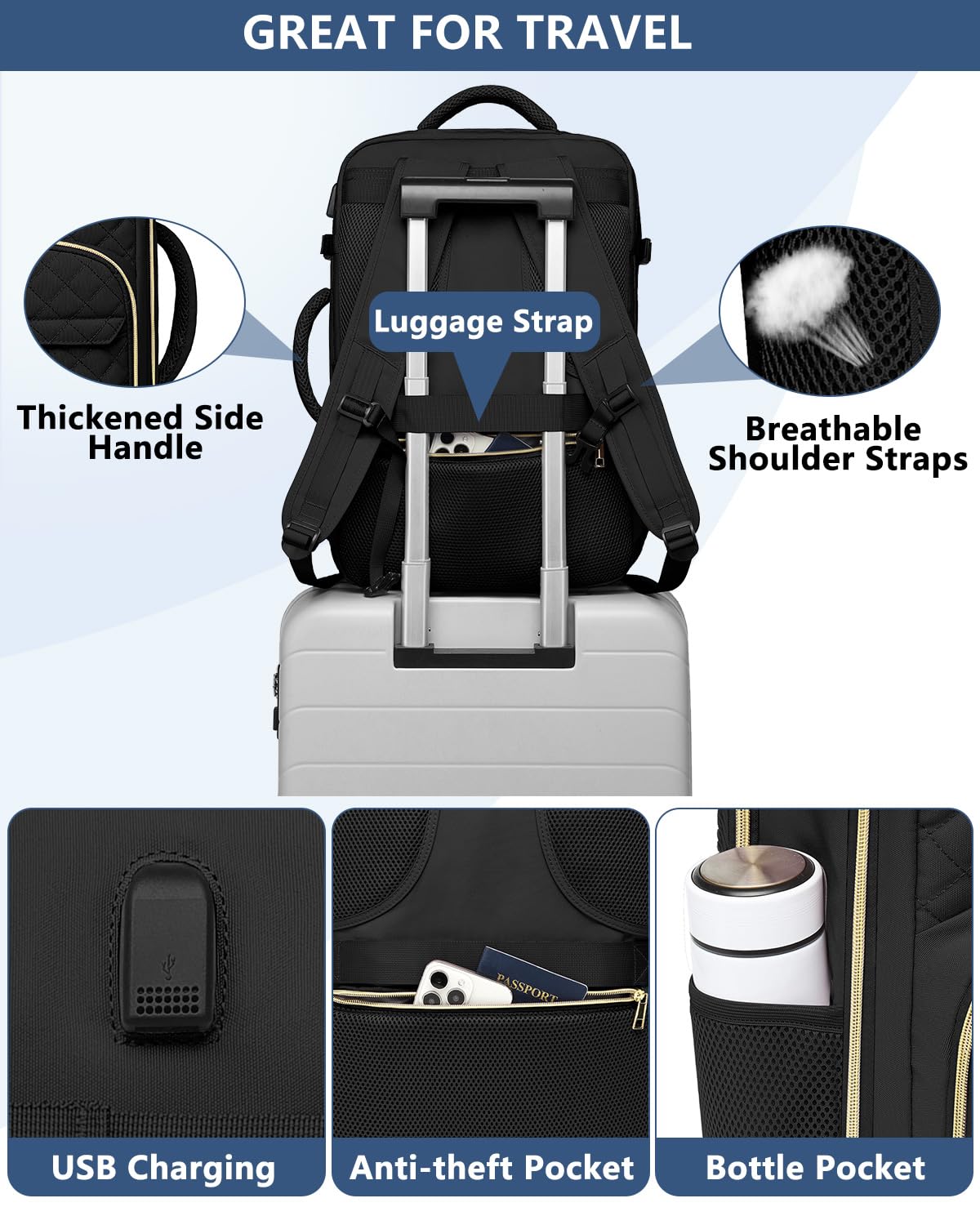 Carry on Women Travel Backpack: TSA Flight Approved Personal Item Backpacks Large 40L Waterproof Luggage Suitcase Backpack fit 17 Inch Laptop Weekender Overnight Traveling Bag with USB Charge