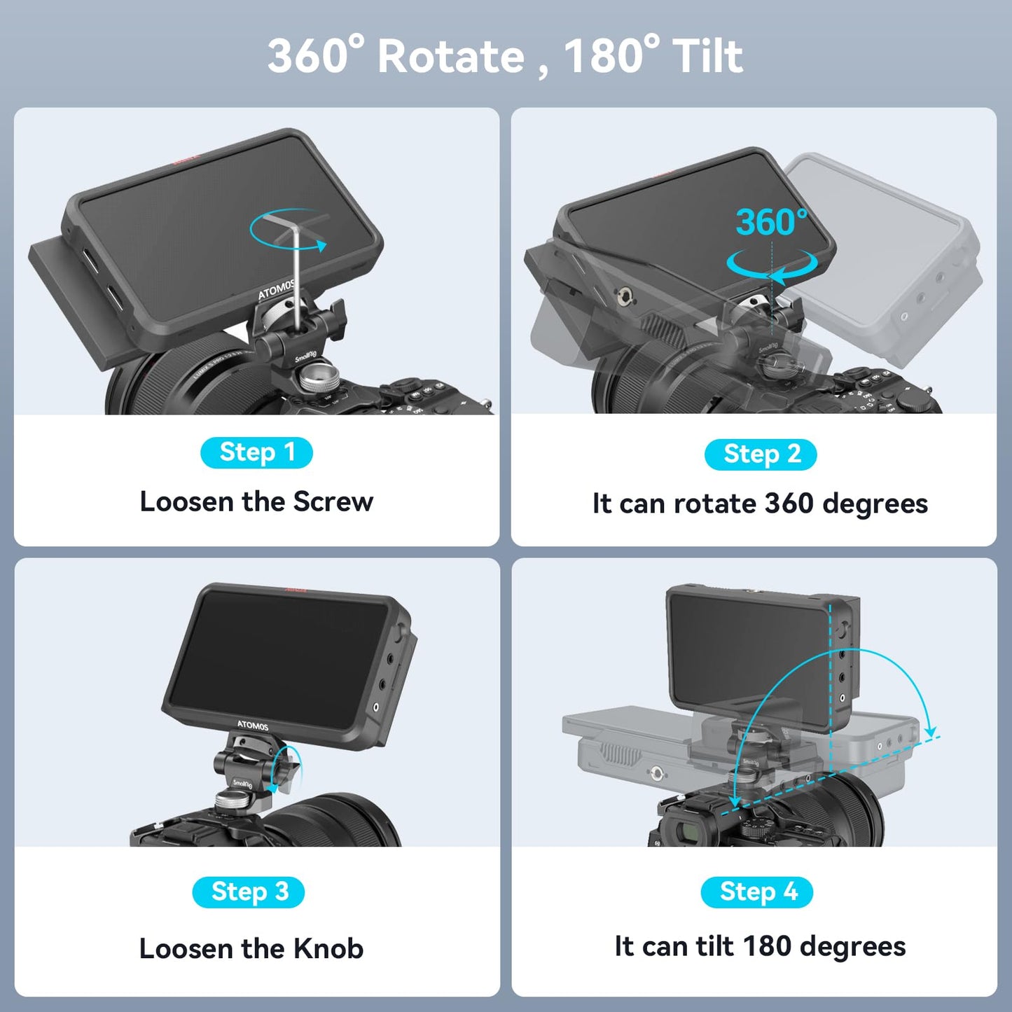 SmallRig Adjustable Camera Monitor Mount for ARRI-Style (Upgrade), 360° Swivel and 180° Tilt Monitor Holder Anti-Twist Support 5” and 7” Field Monitor- 2903B