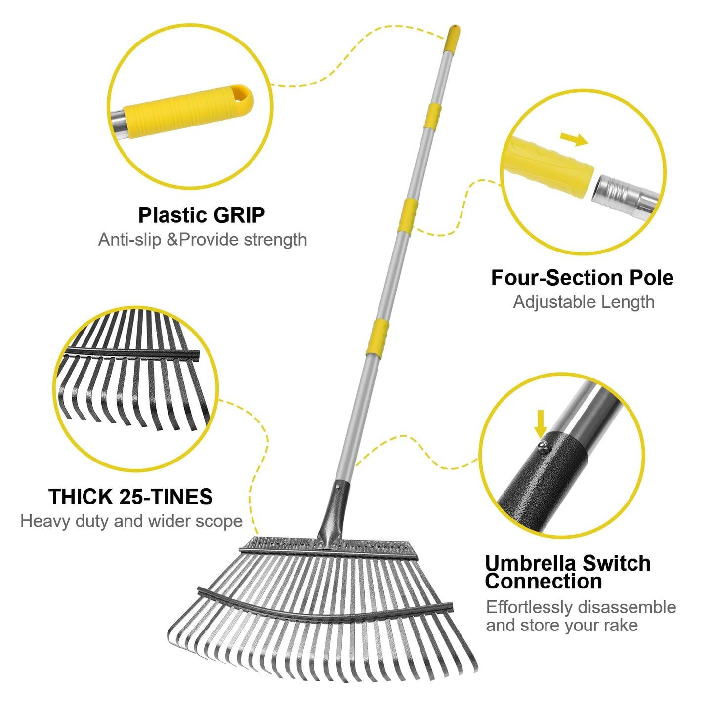 Stanew 5.4FT Heavy Duty Stainless Steel Garden Leaf Rake -Adjustable Length, 25 Tines Landscape Rake, Leaf Collector, and Leaf Scoops for Yarn Thatch, Gathering Leaves, Farming, Herb Garden and More