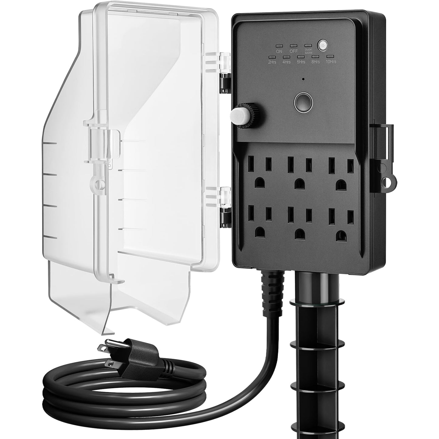 SURAIELEC Outdoor Power Stake Timer, Dusk to Dawn Light Timer, 6 Outlet Power Strip Weatherproof, 6FT Extension Cord Multiple Outlet, Solar Plug Splitter for Christmas Lights, Holiday Decoration