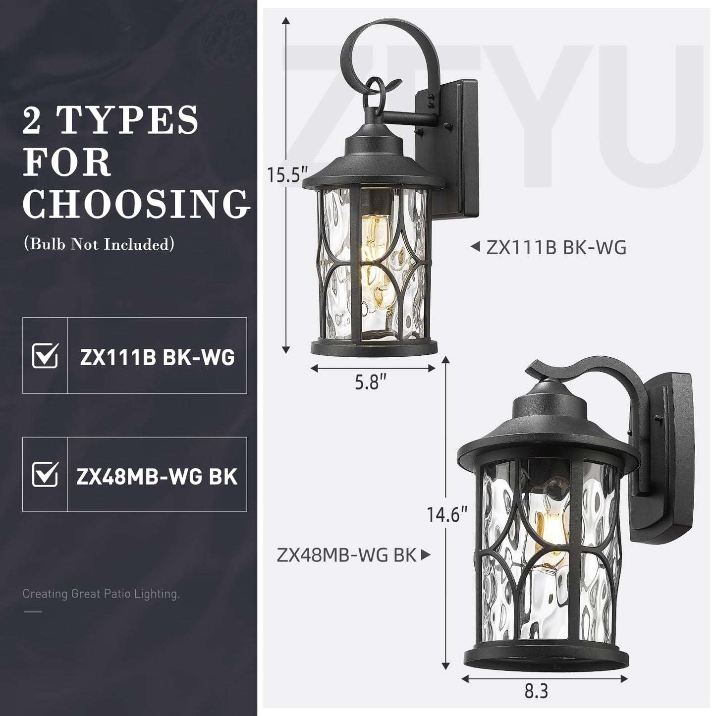 zeyu Wall Mounted Lantern Light, 15.5 Inch Outdoor Wall Light Fixtures for House in Black Finish, Die-Cast Aluminum with Water Ripple Glass, ZX111B BK-WG