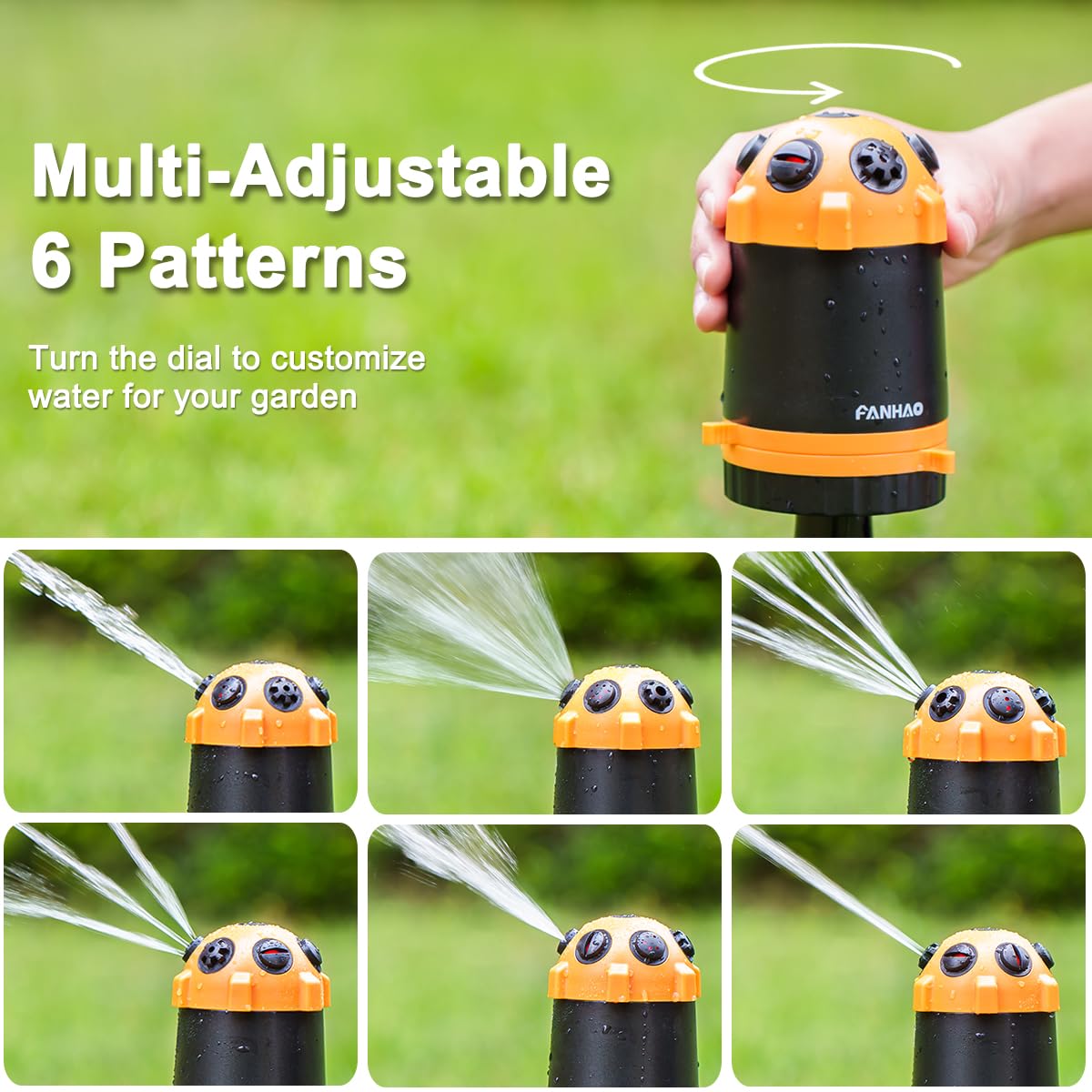 FANHAO Gear Drive Lawn Sprinkler with Metal Spike Base, 6-Pattern Heavy Duty Water Sprinkler System, Multi-Adjustable Irrigation Sprinkler for Large Yard Area Watering, Garden Plant and Flower Bed