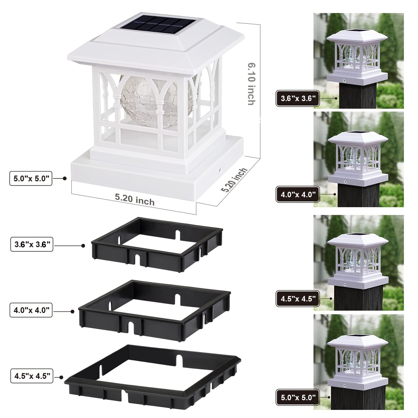 AEFRELEOHT Solar Post Cap Lights, Warm White & RGB Automatic Cycling, Cracked Glass Bulb, 20 Lumens lP65 Waterproof Fit 3.6x3.6 4x4 4.5x4.5 5x5 Wood Fence Post Solar Powered Lights White (2 Pack)