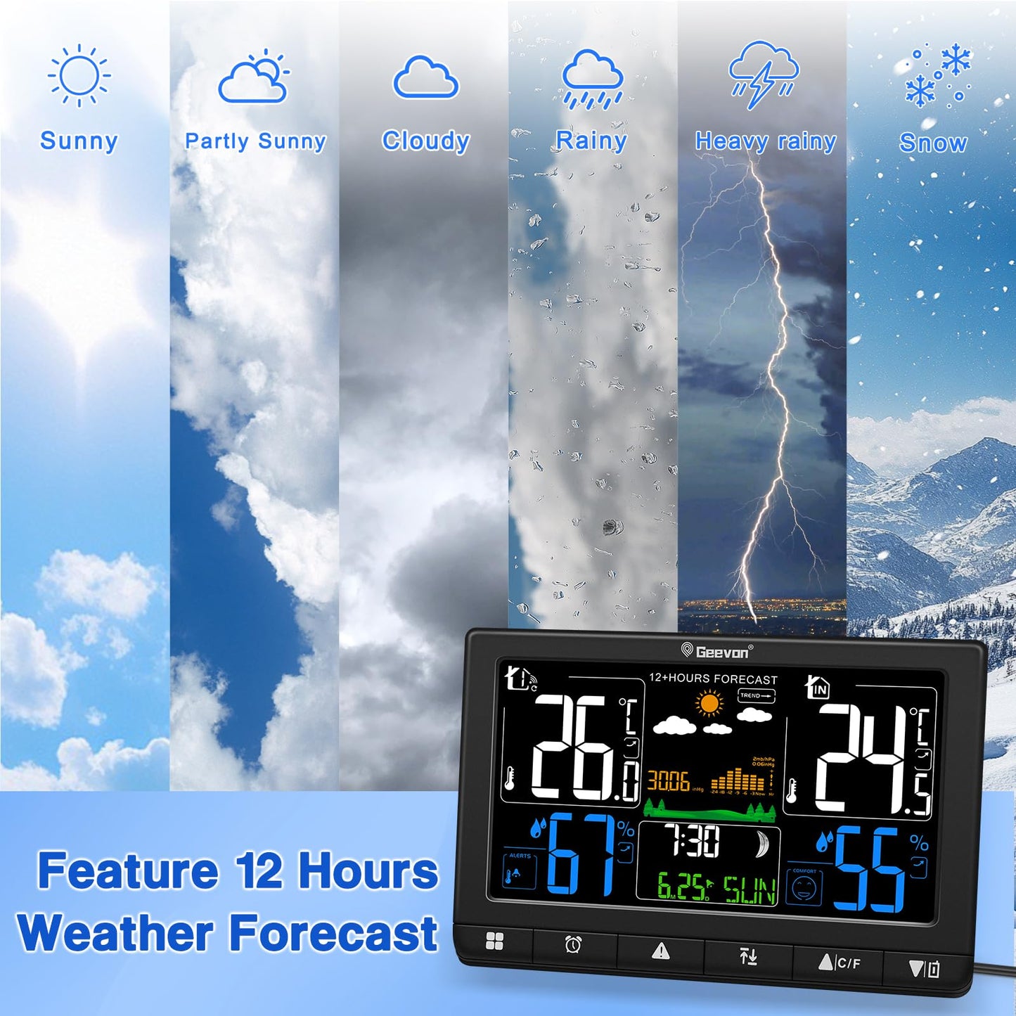 Geevon Weather Stations Wireless Indoor Outdoor Thermometer, Color VA Display Digital Temperature Humidity Monitor with Barometer, Time, Calendar, and Adjustable Backlight