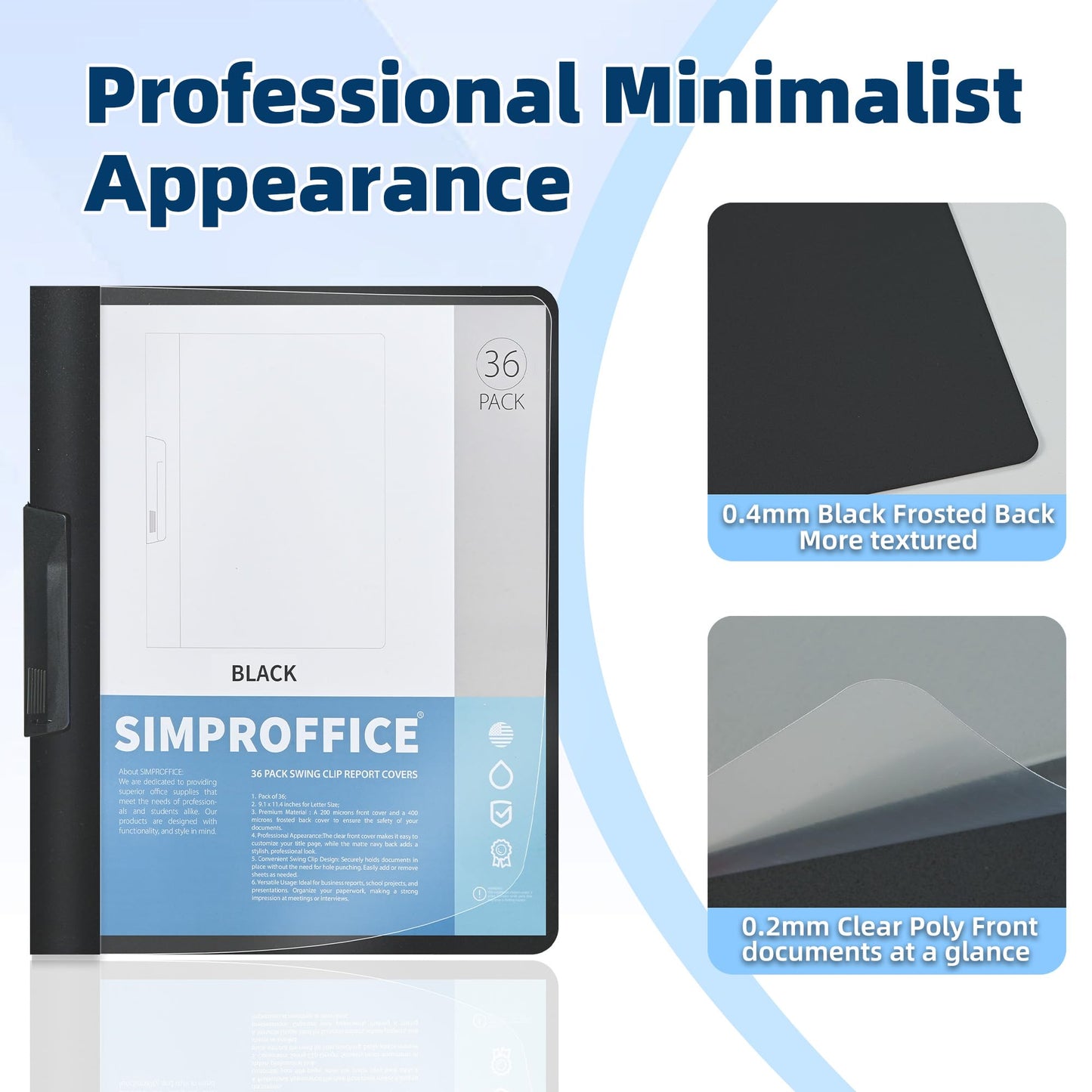 SIMPROFFICE 36 Pack Swing Clip Report Covers, Black Presentation Folders with Clip and Clear Cover, 9 x 11.4 Inches for Letter Size