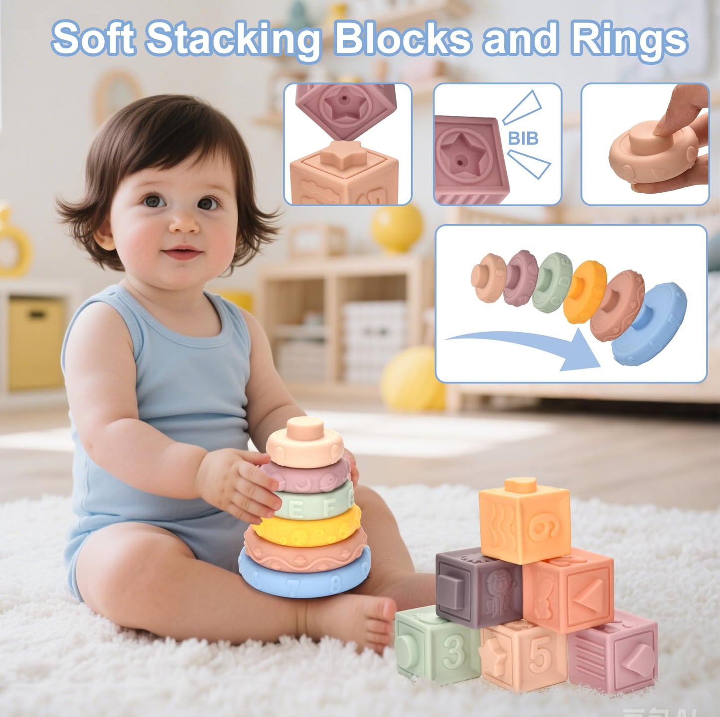 Montessori Baby Toy for 6 to12 Months,6 in 1 Montessori Sensory Toys for 1 Year Old,Baby Stacking Building Block Cups & Rings,Pull String Toy Magic Tissue Box for Toddlers 6-9-12 Months Boy Girl Gift