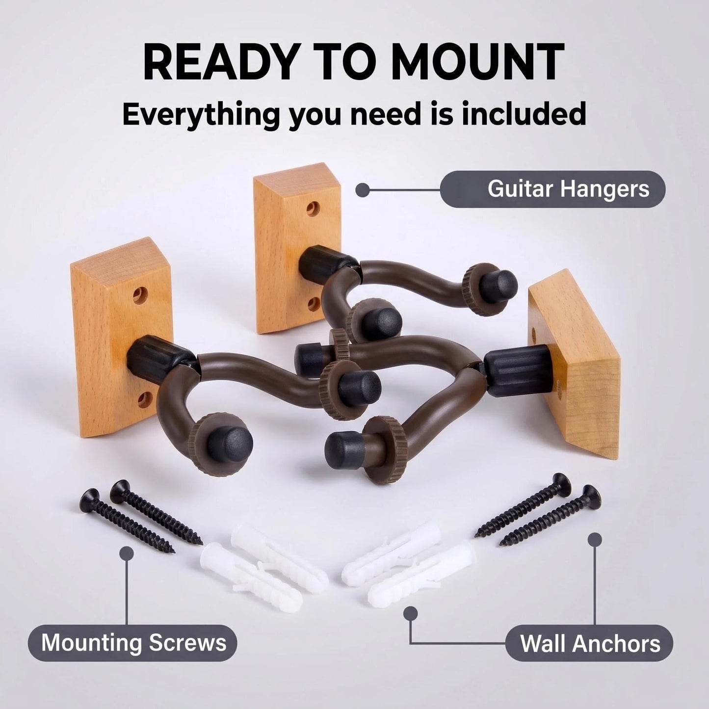 Guitar Wall Mount Hanger 6 Pack, Hardwood Guitar Hanger Wall Hook Holder Stand Display with Screws - Easy to Install - Fits All Size Guitars, Bass, Mandolin, Banjo, Ukulele