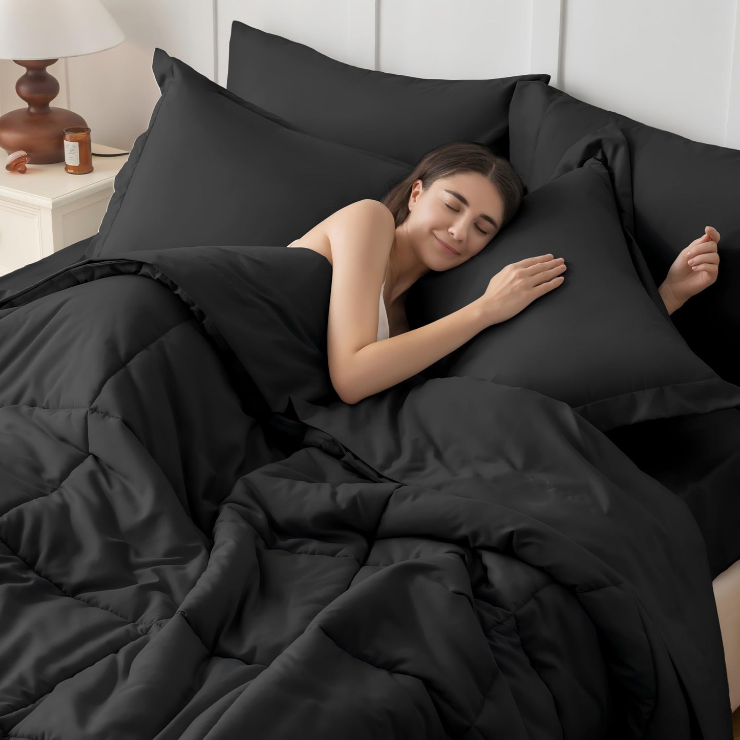 JOLLYVOGUE Queen Comforter Set 7 Pieces - Black Bed in a Bag Ultra-Soft - Goose Down Alternative - Premium 1800 Series with Comforter, Sheets, Shams & Pillowcases