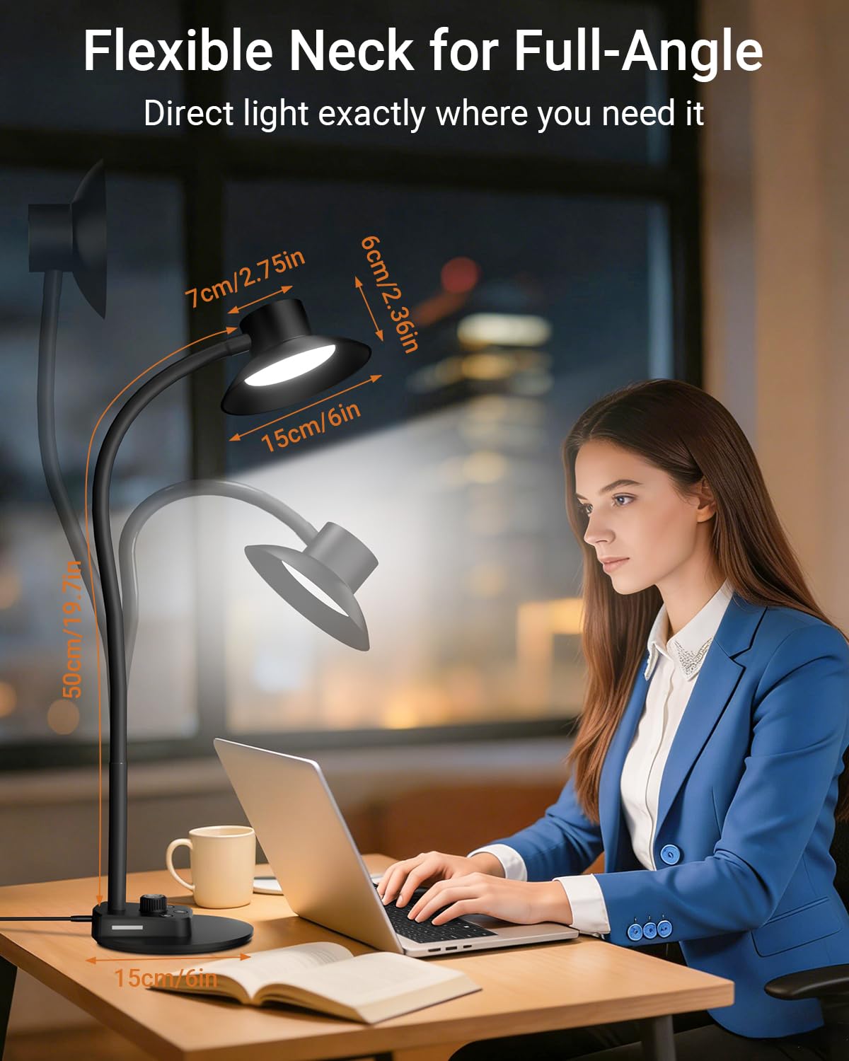 Desk Lamp,Eye-Caring Dimmable Bedside lamp with Dual USB Charging Port, 5 Light Modes & Stepless Dimming, 1400LM Desk Light with Flexible Neck for Home, Office, Bedroom, Reading, Work, Study,12V 2A