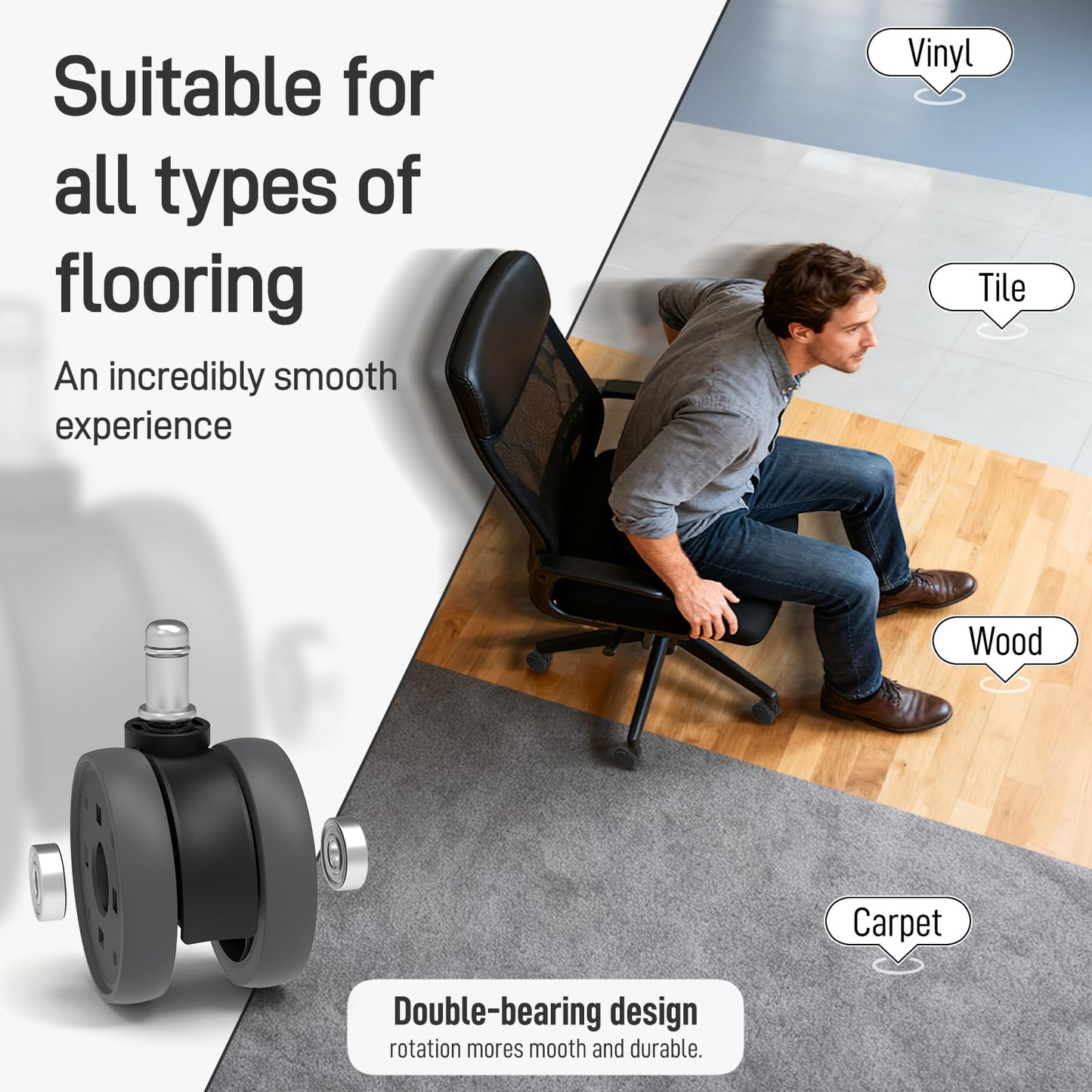 2.5 inch Chair Wheels Replacement (Stem 7/16-7/8) Set of 5 - Heavy Duty 660LB Office Casters with Sealed Bearings, Ultra Quiet Double Rubber Wheels for Hardwood Floors and Carpets, Not for 1KEA Chairs