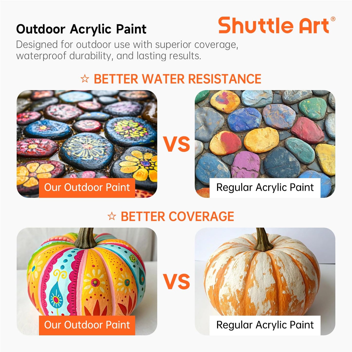 Shuttle Art Outdoor Acrylic Paint Set, 12 Colors Waterproof Paint, 8.45oz/250ml Large Bottles, Rich Pigmented Bulk Painting Supplies for Artists, Beginners on Rocks, Wood, Wall and Garden Statues