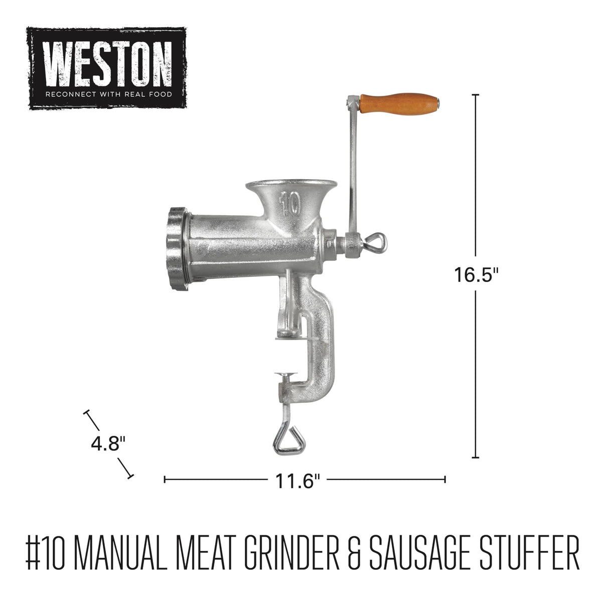 Weston #10 Manual Tinned Meat Grinder and Sausage Stuffer, 4.5mm & 10mm plates, + 3 sausage funnels,SAdjustable Burrs, Portable,Silver, 36-1001-W
