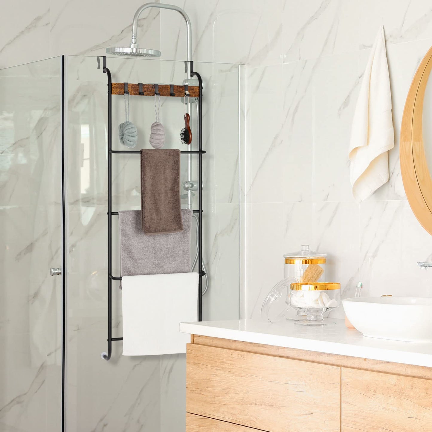 Over The Door Towel Rack Door Rack Hanger Organizer Bathroom Door Rack for Towels (Black)