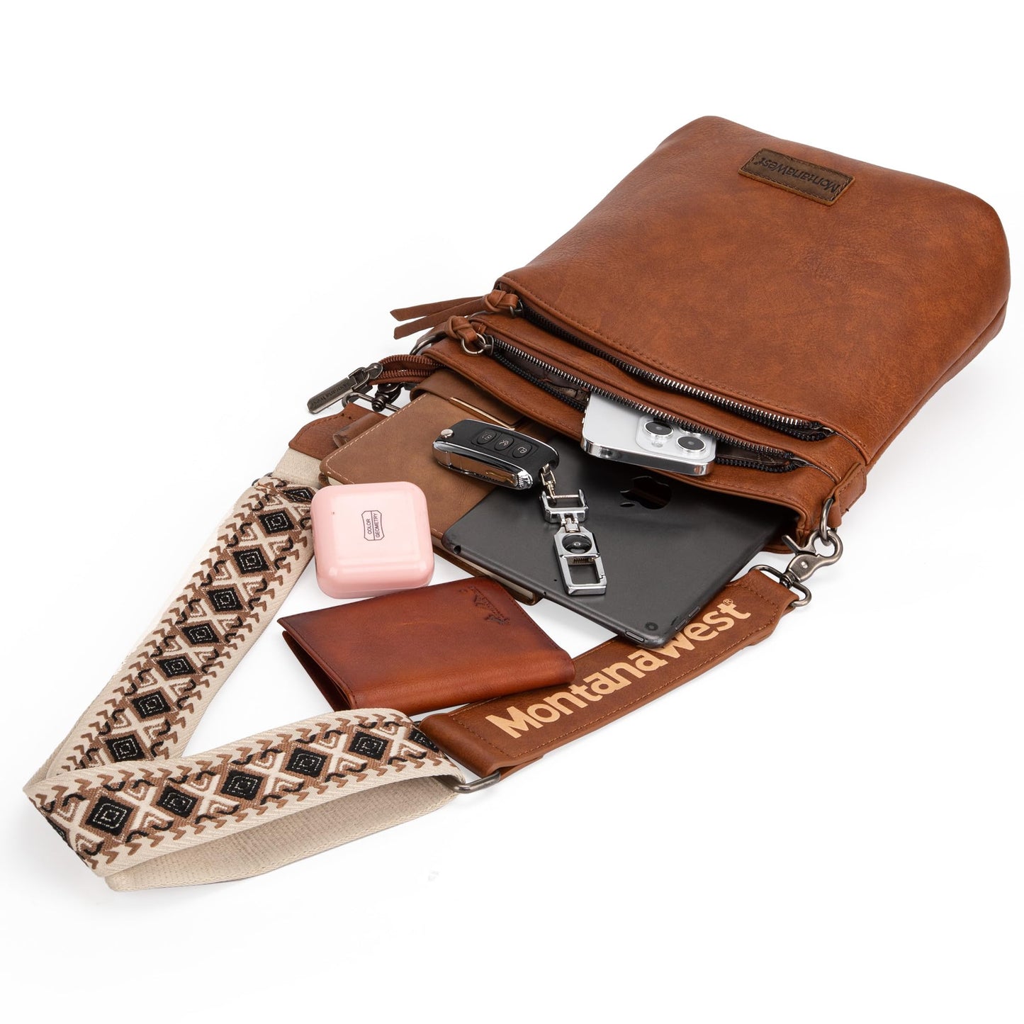 Montana West Multi Zip Pocket Large Crossbody Bag With Guitar Strap MWC-185DBR