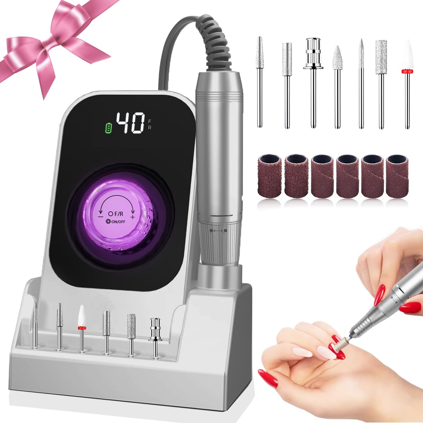 Efile Nail Drill, Professional Nail Drill 40000 RPM Electric Nail File Professional Chargeable Machine Chargeable for Gel Nails Kit with 7 Nail File Bits, Portable File At Home And Salon (Grey)