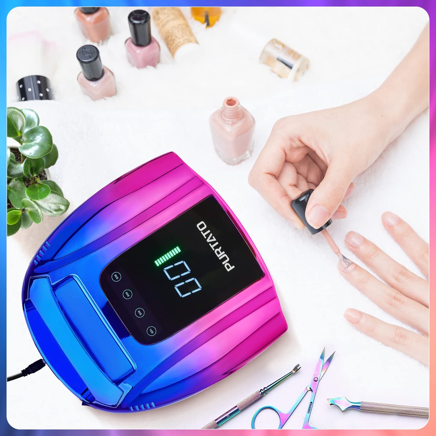 Purtato Professional Rechargeable 96W UV LED Portable Cordless UV Light for Nail Lamp Machine with Removable Stainless Steel Bottom,4 Timer Setting and Smart Sensor Nail Dryer (Blue&Purple)