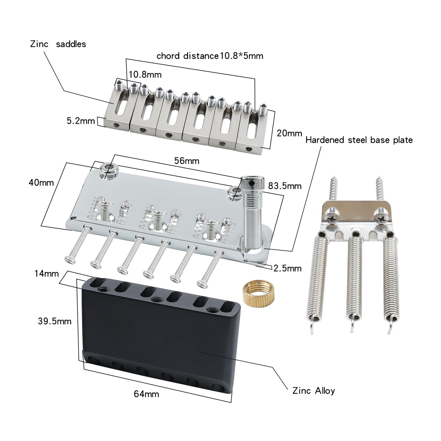 OVSAL 10.8mm Electric Guitar Bridge Chrome 2 Point tremolo bridge Zinc Alloy Saddles Block Stainless Steel Plate Electric Guitar Bridge 6 String Start