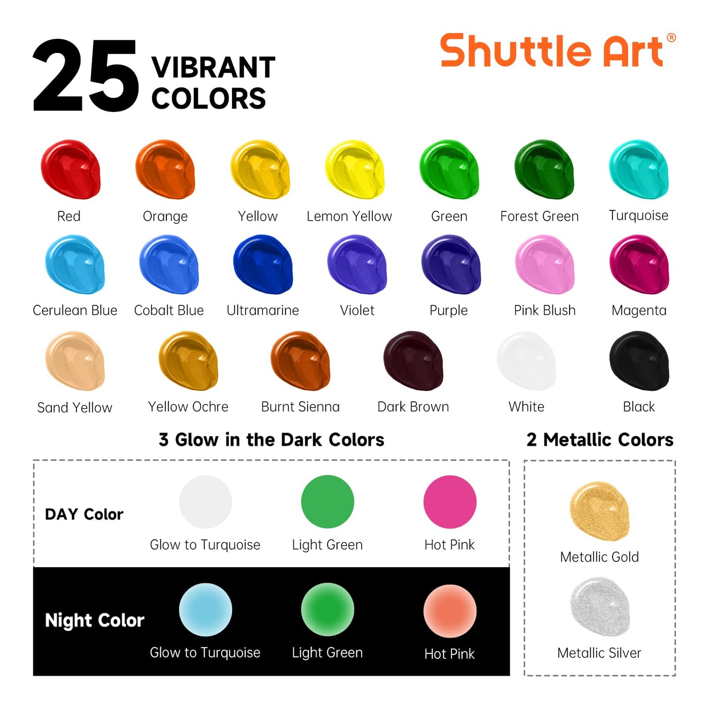 Shuttle Art 25 Colors Outdoor Acrylic Paint Set, 2oz/60ml Waterproof Acrylic Paint with 10 Brushes 1 Palette, Rich Pigmented Paints for Artists, Beginners on Rocks, Wood Crafts, Garden Statues