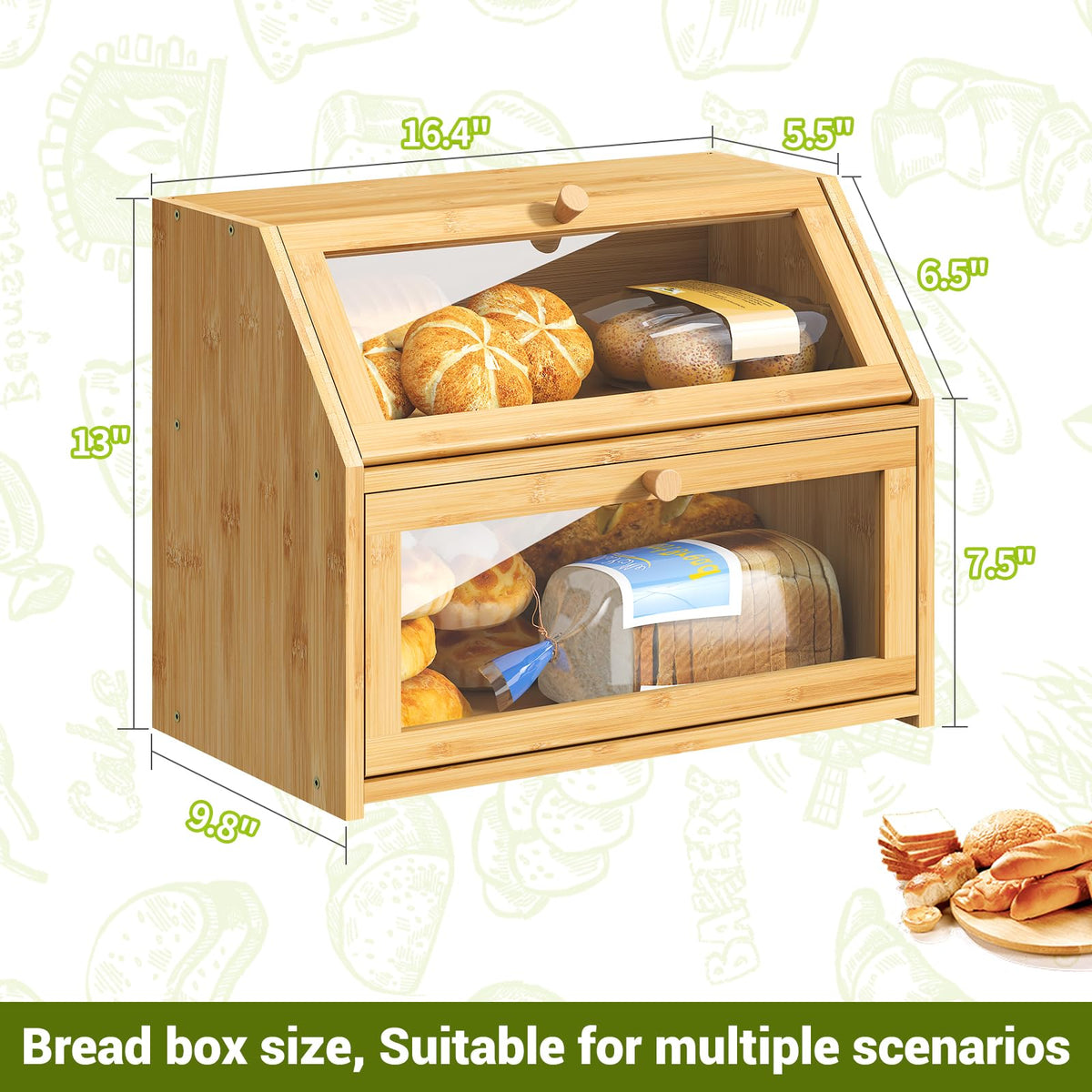 Bread Storage Farmhouse Bread Box For Kitchen Countertop Bread Container With Clear Window Breadbox Double Layer Bamboo Wooden Extra Large Capacity Bin Kitchen Food Storage Container (Trapezoid Bread Box)
