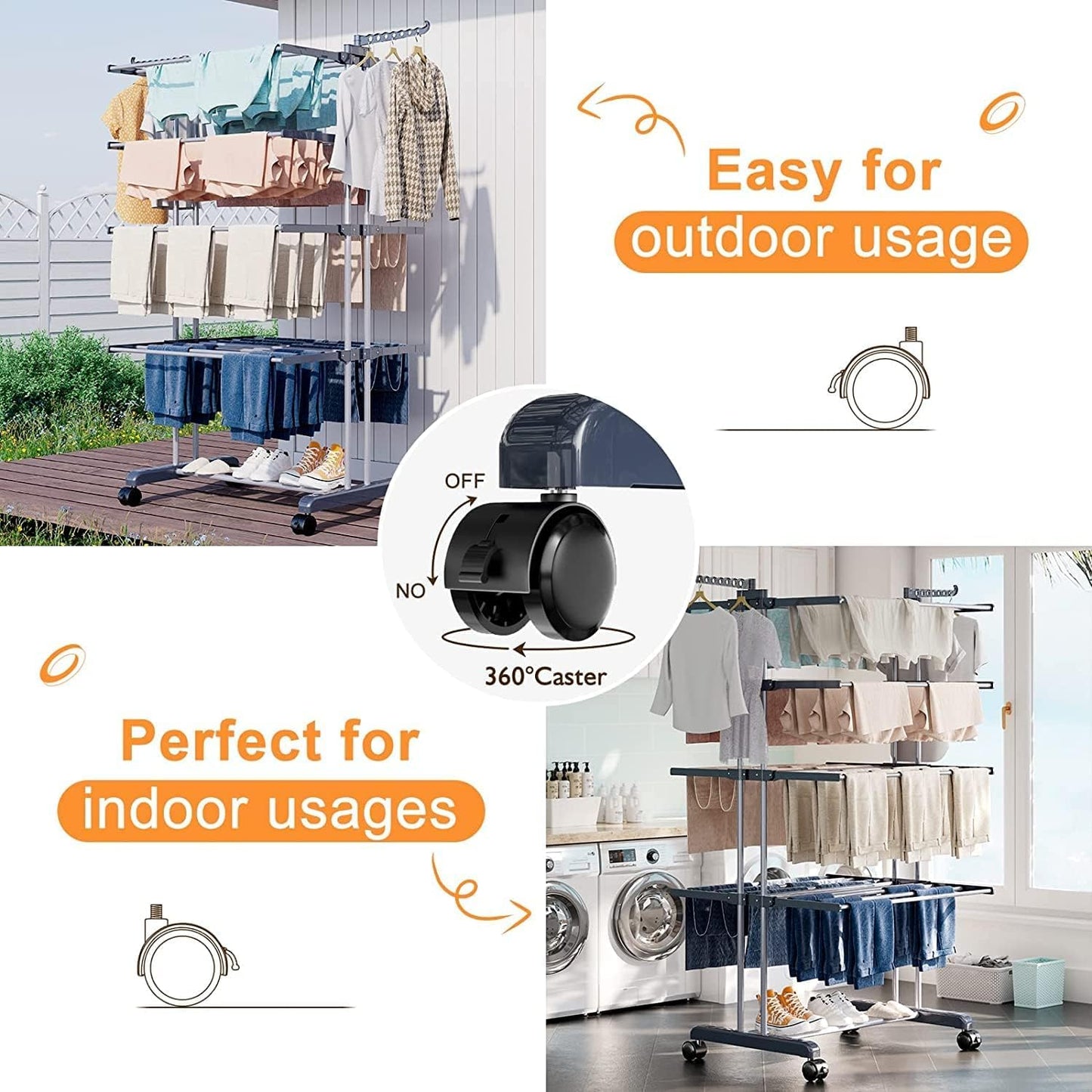 NEWBUY Clothes Drying Rack 4-Tier Foldable Laundry Drying Rack Rolling Clothing Hanger Stainless Steel for Indoor Outdoor Use Space-Saving (Grey)