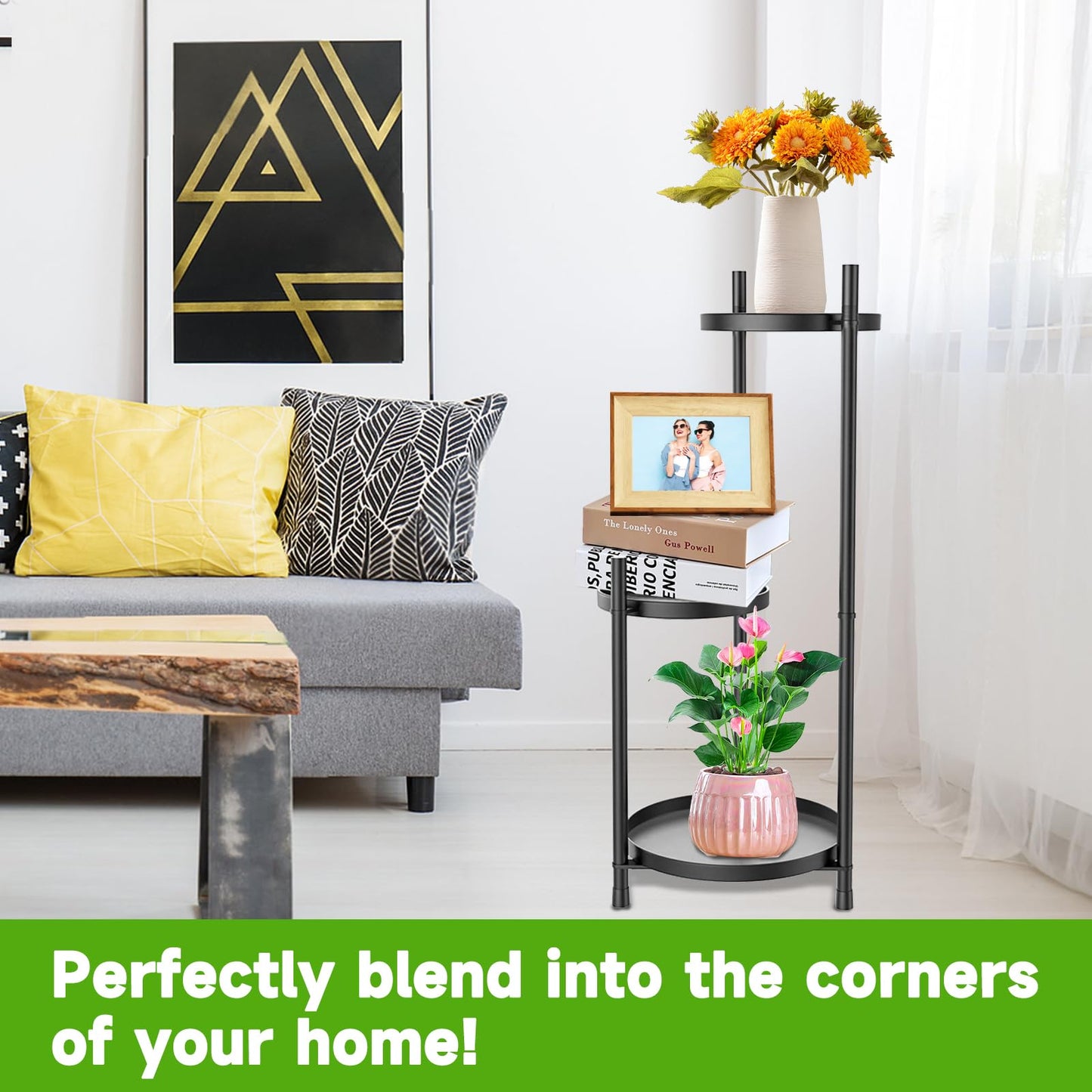 MeyRolizn 3 Tiered Plant Stand Indoor Outdoor, Metal Corner Plant Stand Plant Shelf Tables, Heavy Duty Flower Shelf Display Rack for Indoor Living Balcony Patio Garden Bedroom Classroom, Black (Black-B)