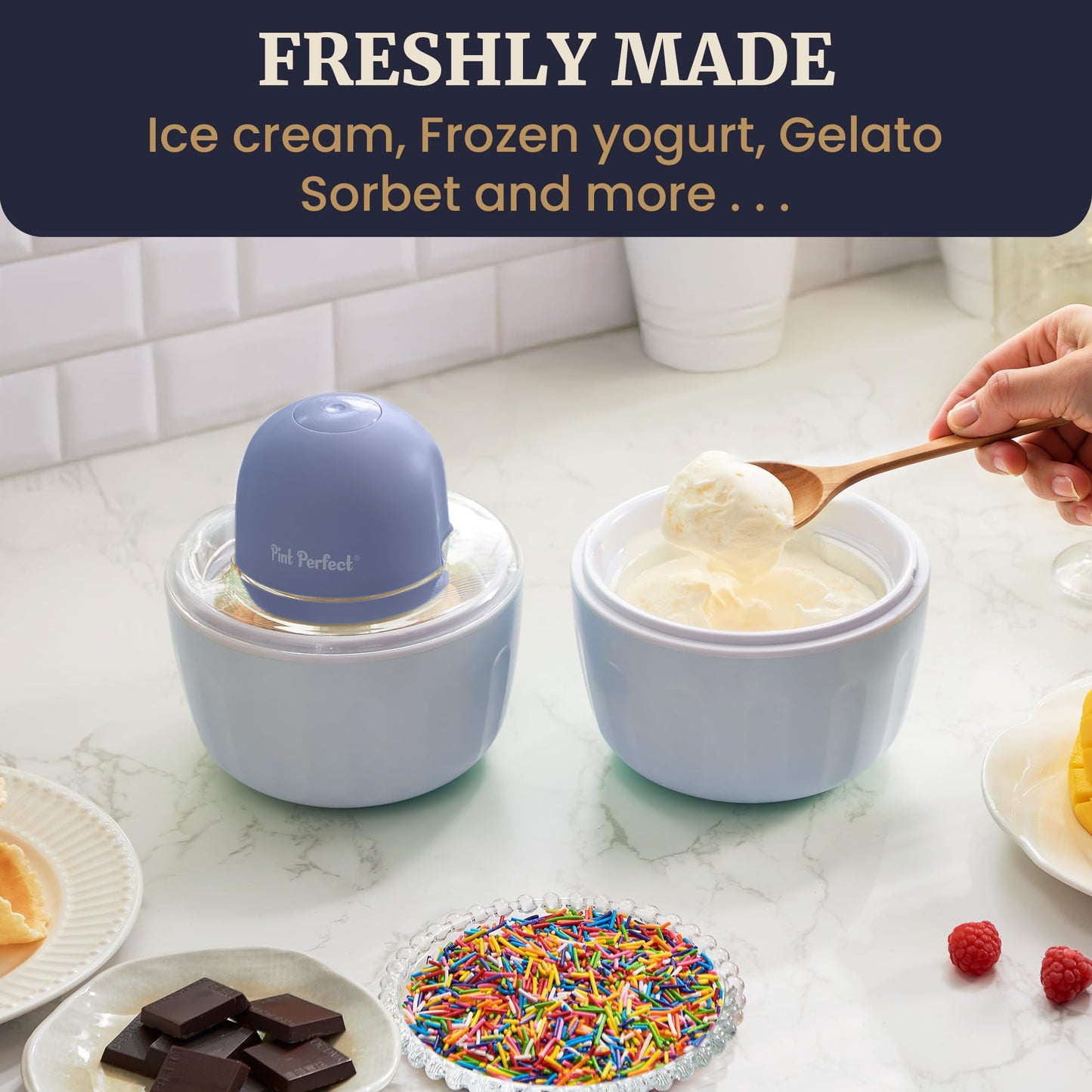 Americana by Elite Pint Perfect™ EIM1205DB Ice Cream Maker, 2 x 1 Pint Capacity Dual Freezing Bowls, Frozen Yogurt, Sorbet, Gelato, Periwinkle