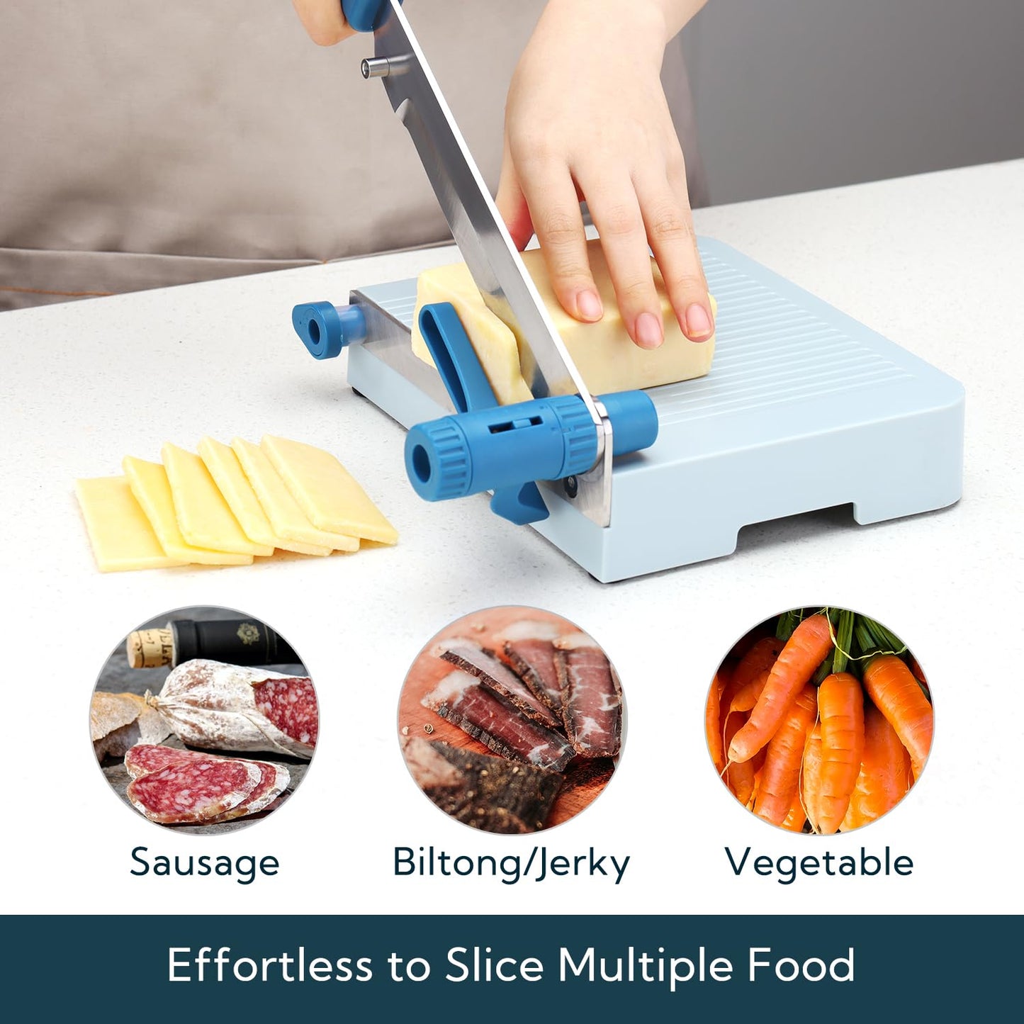 KITCHENDAO Multipurpose Cheese and Food Slicer with Adjustable Thickness Dial, Dual-Blade Cutting System for Easy Slicing, Safety Lock, Block Cheese Sausage Vegetable Biltong Beef Jerky Cutter