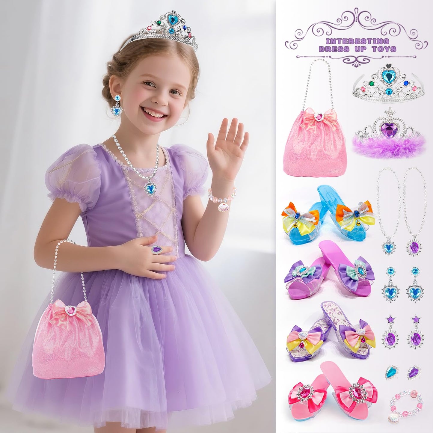 Hechify Princess Dress Up for Girls Ages 3-6, with Crystal Shoes, Crowns, Necklaces, Earrings, Rings, Bracelet and Handbag, Multicolour, Princess Toys for Kids Birthday Gift
