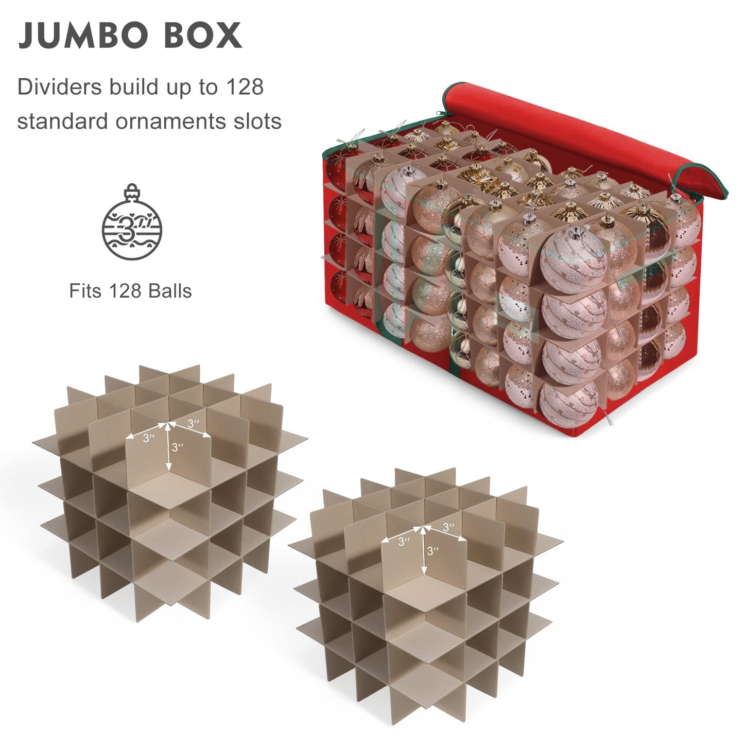 Large Christmas Ornament Storage Box,4 Tier Holds Up to 128 Holiday Ornaments 3-Inch, Xmas Decorations Accessories Bag with Dual Zipper Closure,Made of Durable 600D Oxford Fabric Material (Red1)