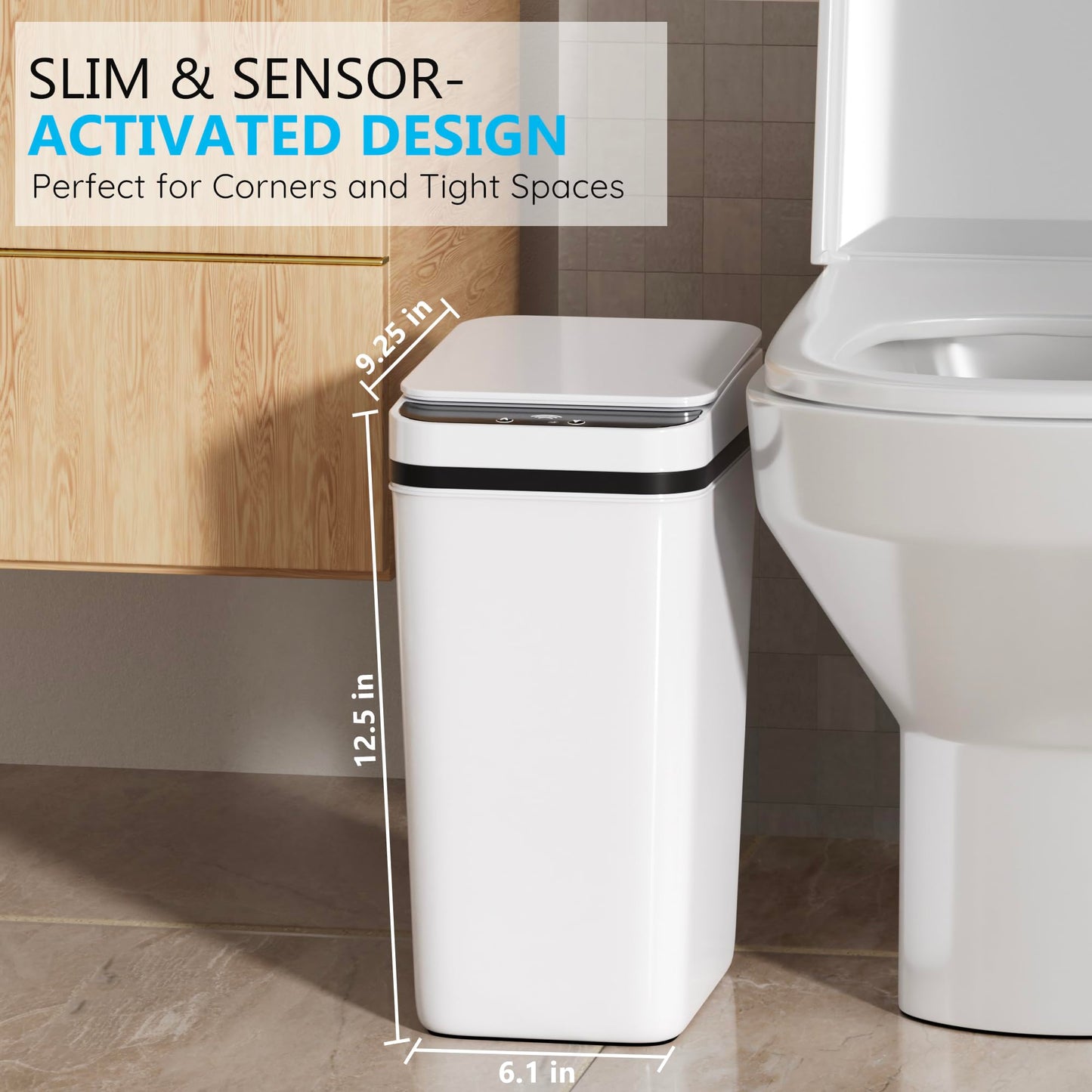 3 Pack Bathroom Trash Can with Lid Touchless Automatic Garbage Can, 2.6 Gallon Slim Waterproof Motion Sensor Smart Trash Can, Small Plastic Trash Bin for Bedroom, Office, Living Room - White