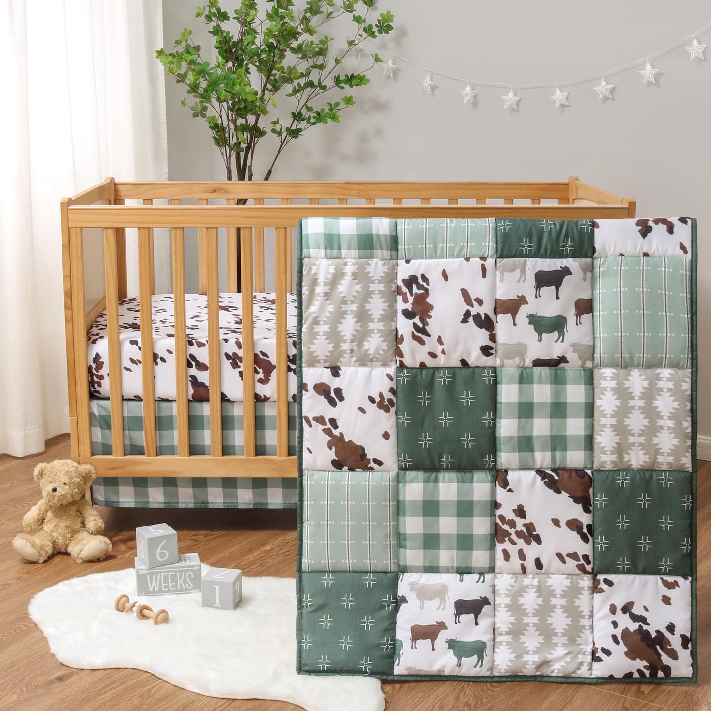 The Peanutshell 3 Piece Baby Crib Bedding Set for Boys & Girls - Newborn, Infant & Toddler Nursery Bed Set Decor with Fitted Crib Sheet, Dust Ruffle Comforter - Boho Farm
