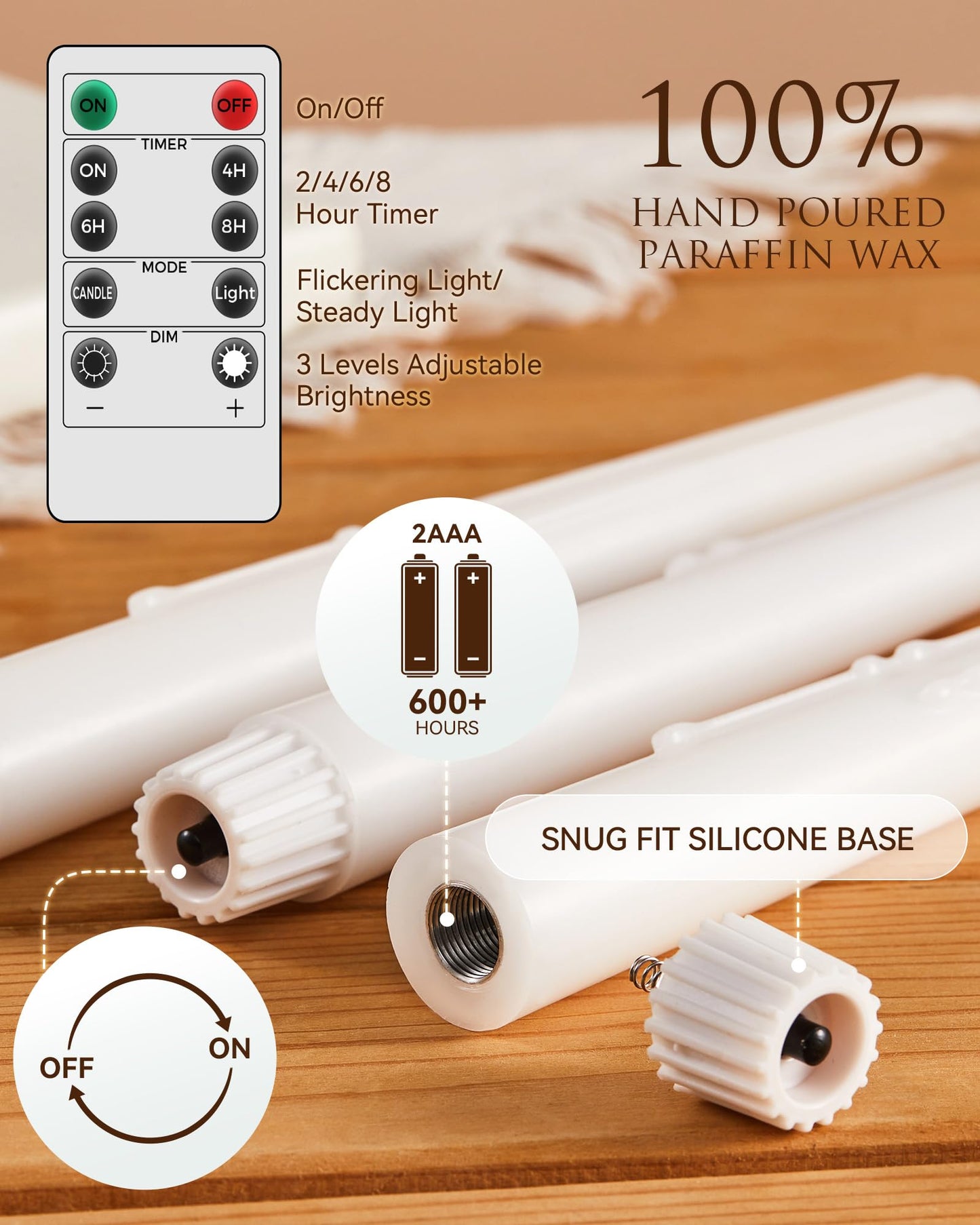 Stmarry 6 Pack Flameless Taper Candles with Remote and Timer - 9.65 Inch White Real Wax LED Candlesticks - Wax Drip Battery Operated Tall Taper Candles with 3D Flickering Flame