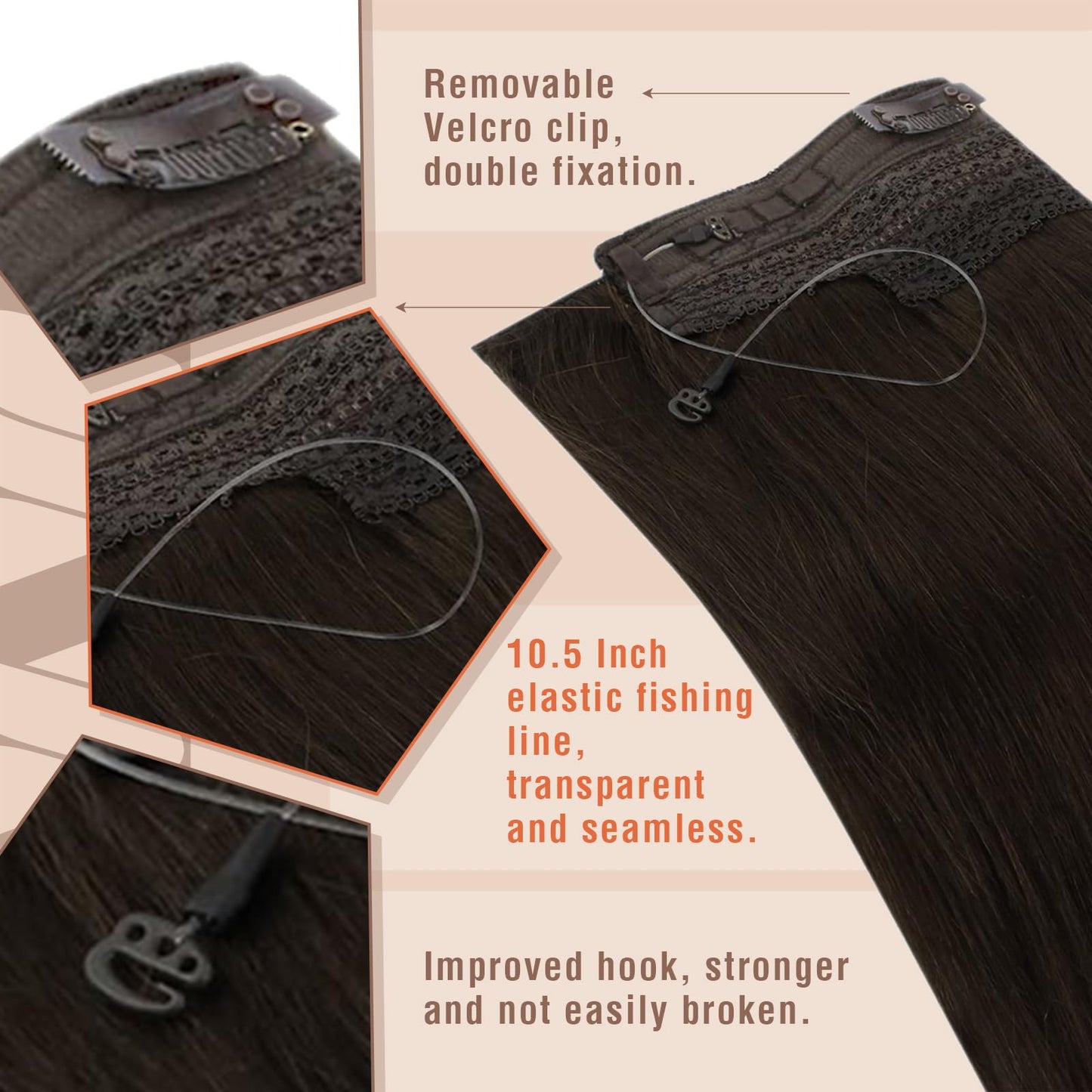 Sunny Hair Wire Hair Extensions Human Hair Invisible Hair Extensions for Women Straight Secret Hidden One Piece Extensions With Adjustable Line Dark Chocolate Brown 18inch