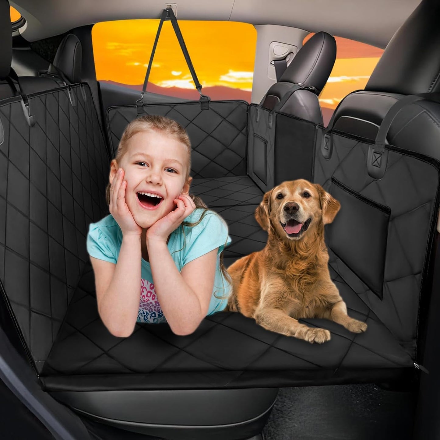 ROUWINNE Back Seat Extender for Dogs-Large Space, Dog Car Seat Cover Hard Bottom Holds 400lbs, Sturdy Backseat Extender for Dogs, Waterproof Dog Hammock for Car Dog Car Bed for Car, SUV, Truck Black