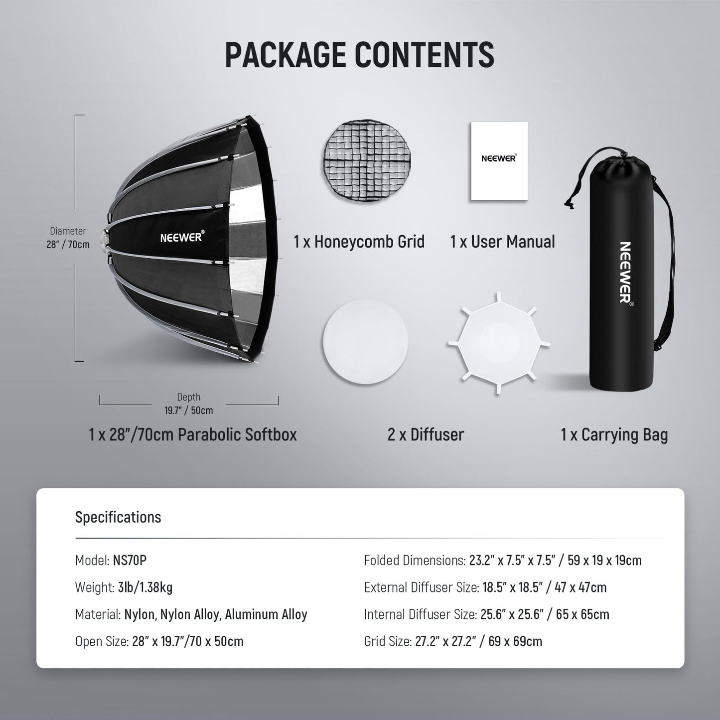 NEEWER 28"/70cm Parabolic Softbox Bowens Mount, Quick Release with Diffusers/Grid/Bag for Video Continuous Lighting CB60 CB200B MS60 MS150B Q4 Compatible with Godox Compatible with Aputure 600d, NS70P