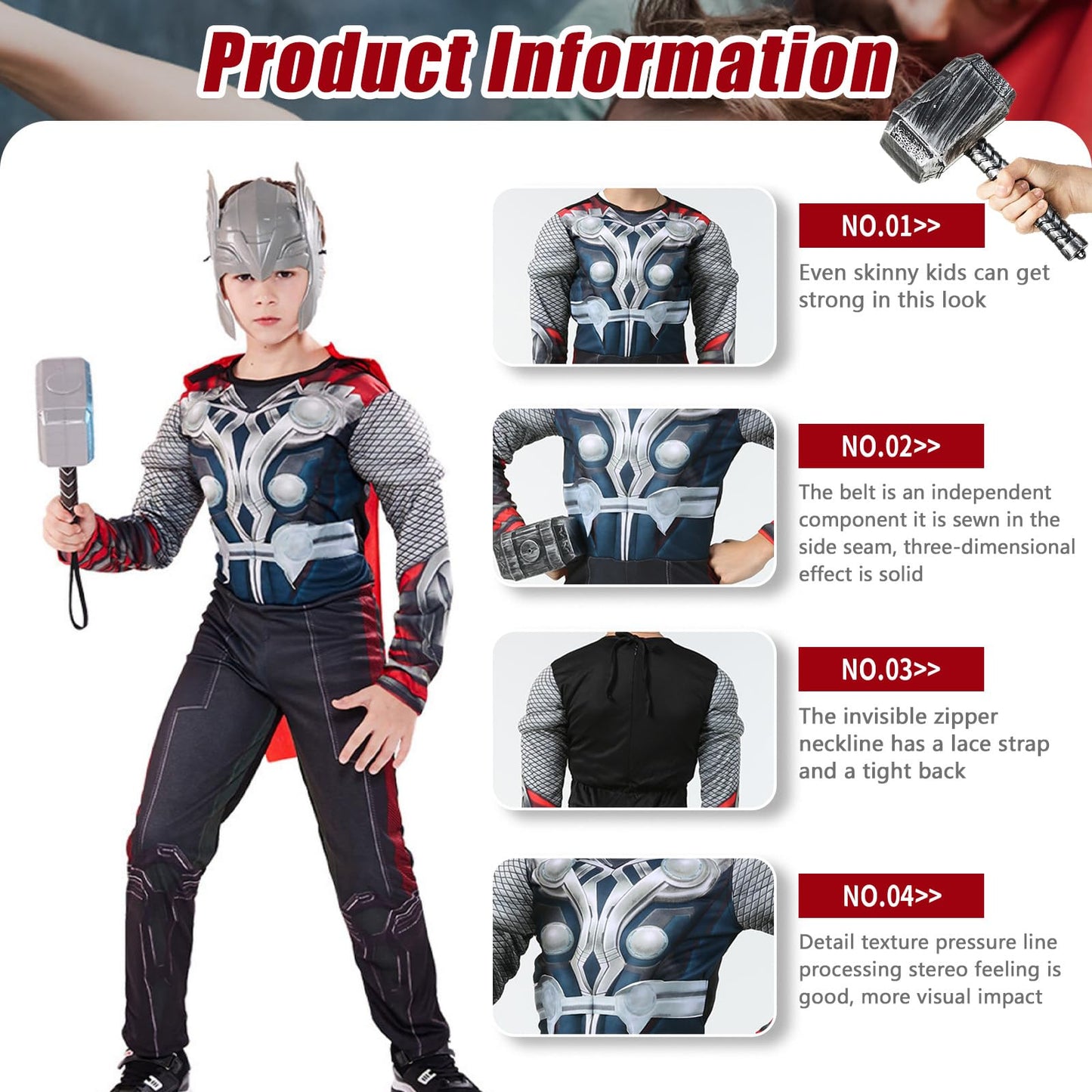 Puppyhao Super Hero Costume Kids Muscle Suit Deluxe 4Pcs SuperHero Mask Jumpsuit Cape Hammer Fun Halloween Cosplay Costume