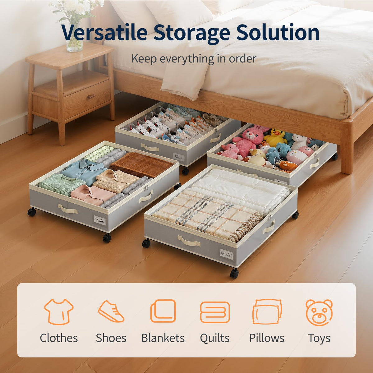 Yecaye 80L Under Bed Storage with Wheels, 2 Pack Under Bed Storage Containers with Lid, Rolling Underbed Storage Drawer, Metal Under Bed Shoe Storage for Clothes, Shoes, Blankets, Grey