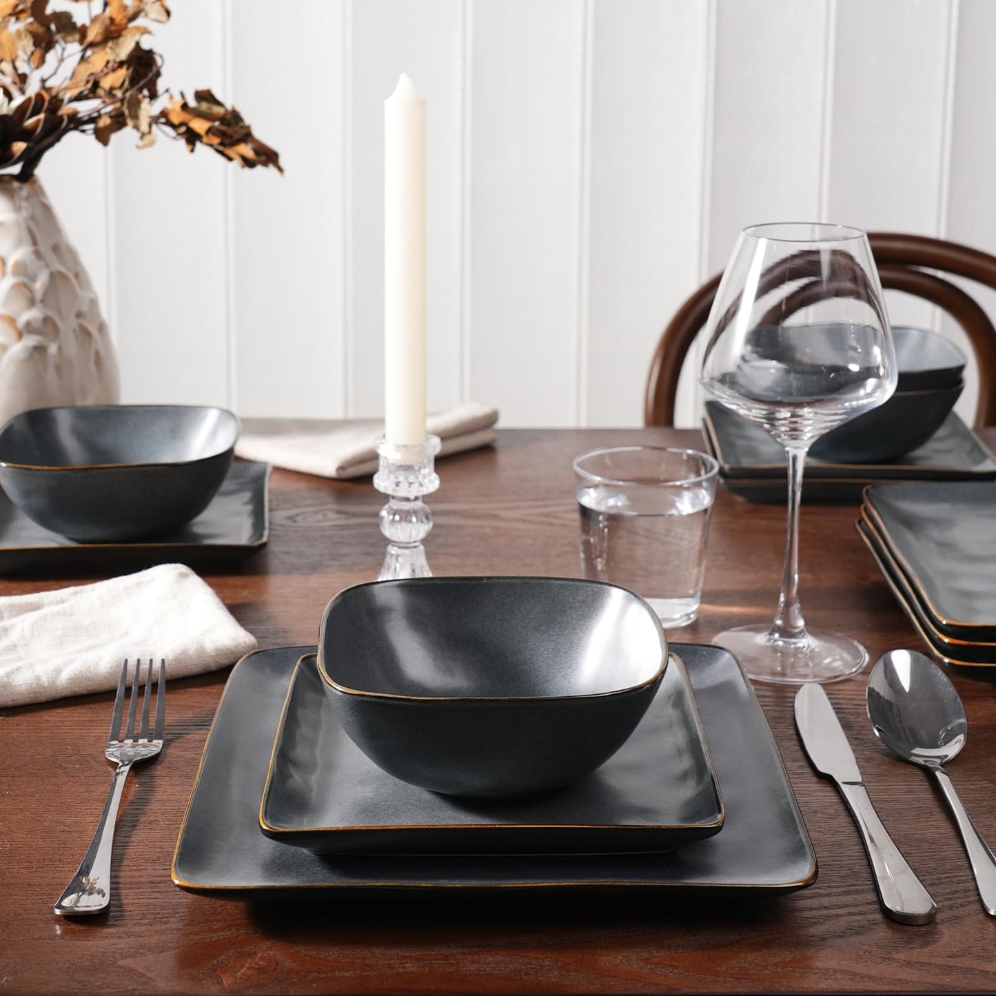 Richmount Dinnerware Sets for 4, Ocean Square 12-Piece Kitchen Plates and Bowls Sets, Microwave and Dishwasher Safe, Scratch Resistant, Matte Black