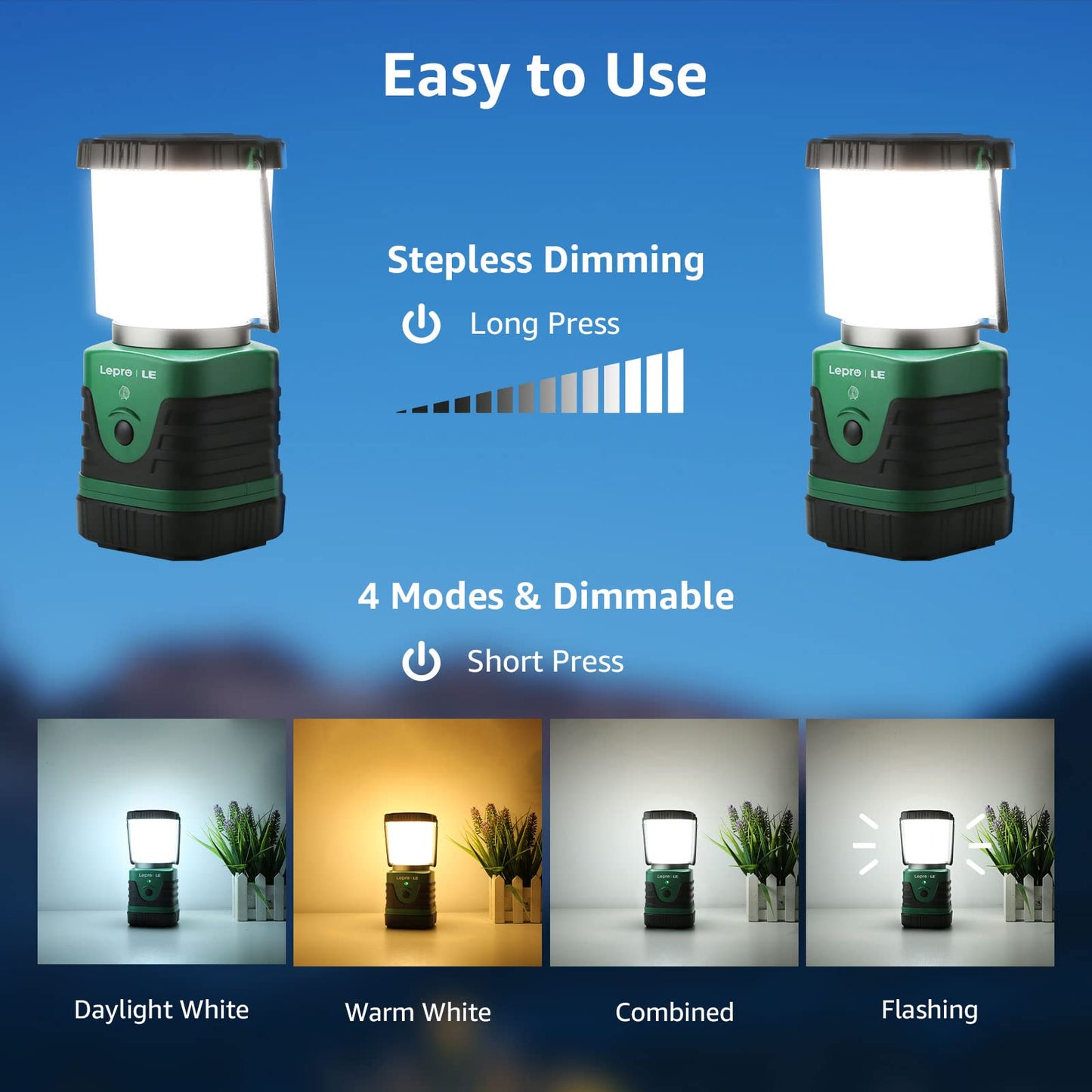 Lepro LED Camping Lantern Rechargeable, 1000LM, 4 Light Modes, 2 Pack, 4400mAh Power Bank, IP44 Waterproof, Lantern Flashlight for Hurricane Emergency, Hiking, Home and More, USB Cable Included