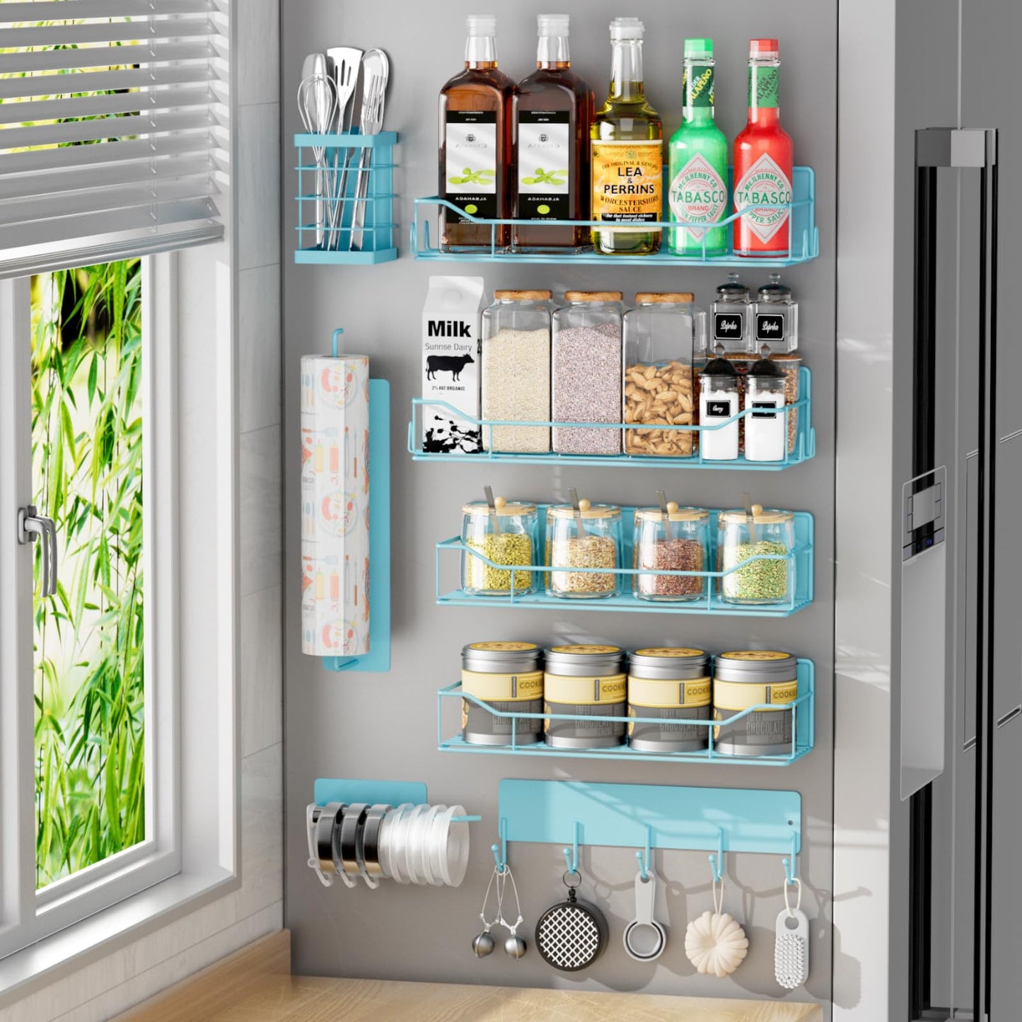 Magnetic Spice Rack for Refrigerator,8 Pack Magnetic Fridge Shelf, Moveable Spice Organizer with Hook Rack, Paper Towel Holder, Utensil Holder,cup lid holder, Super Magnetic Rack Set (Blue)