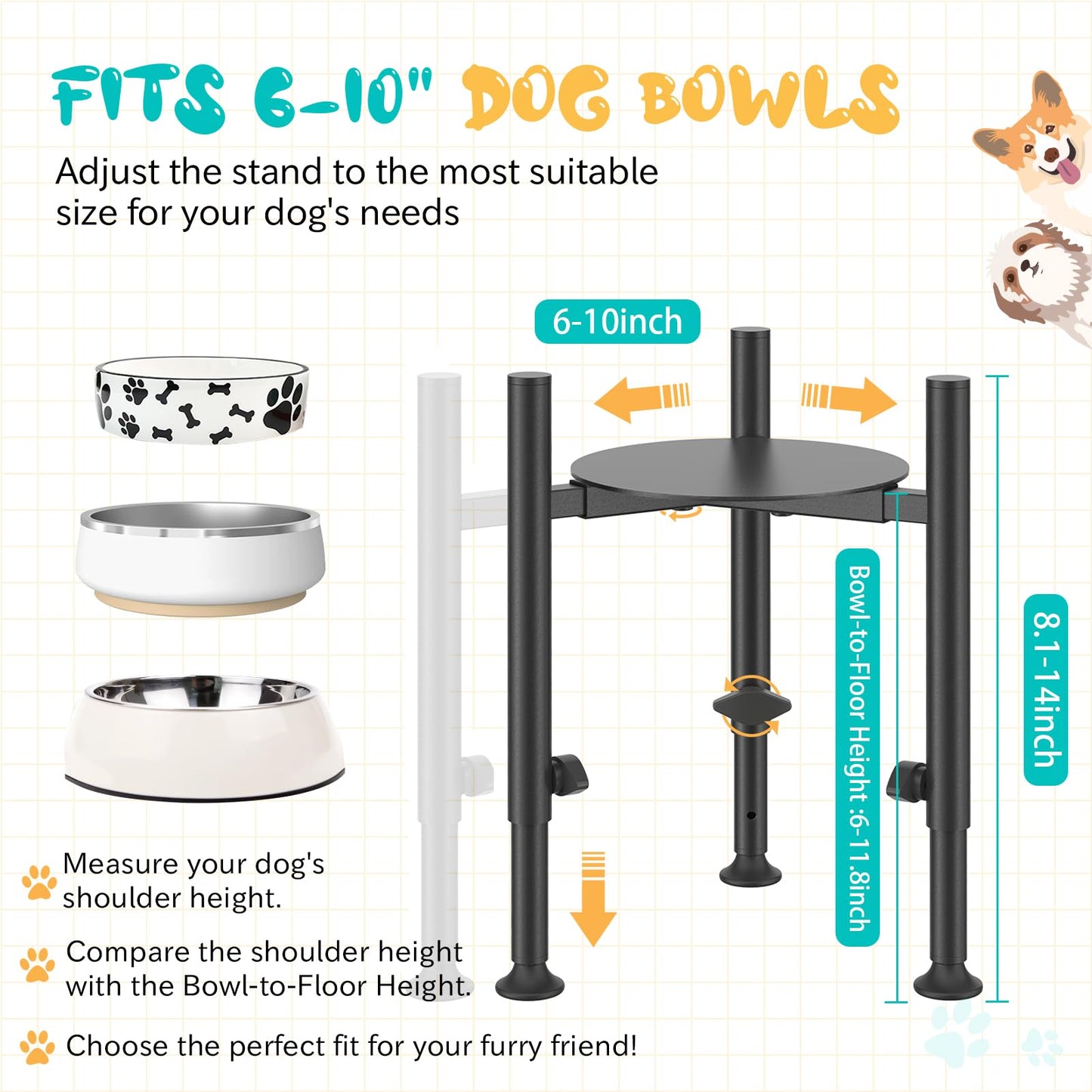 Adjustable Elevated Dog Bowl Stand for Dogs - 4 Heights, Wide 6-10" -Oppro Single Raised Dogs Food Water Bowls Holder, Upgrade Metal Elevated Dog Feeder with Tray for Small Medium Large Dogs (Black)