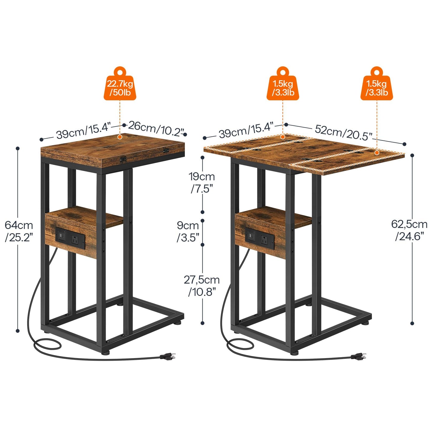 HOOBRO Foldable End Table, C Shaped Side Table with Charging Station, Sofa Couch Table that Slide Under for Living Room Bedroom Small Spaces, Easy Assembly, Rustic Brown and Black BF29USF01