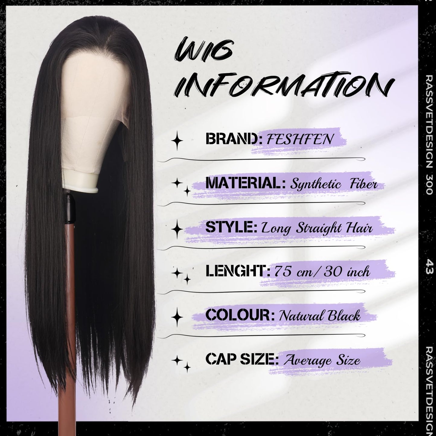 FESHFEN 13x4 Lace Front Wig - 30 inch Long Straight Natural Black Wigs Glueless Hair Wig for Black Women Synthetic Heat Resistant Pre Plucked Wig for Daily Party