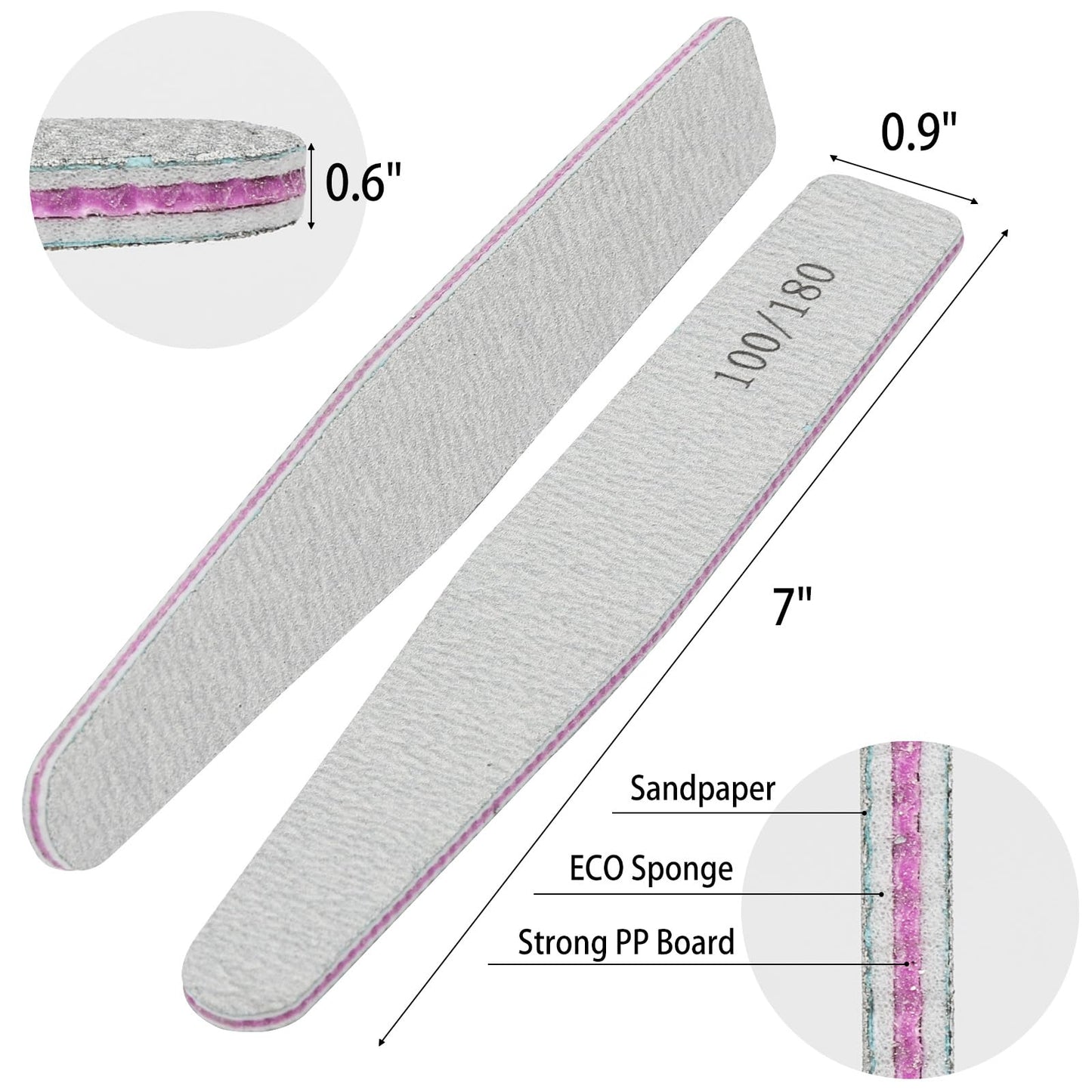 100 Pieces Nail Files 100/180 Grit Reusable Double Sided Emery Boards Nail Buffing Files for Acrylic Nails and Natural Nails